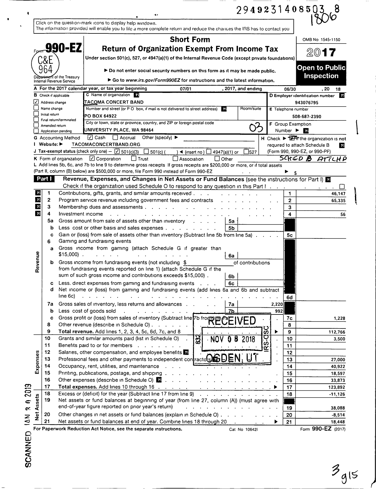 Image of first page of 2017 Form 990EZ for Tacoma Concert Band