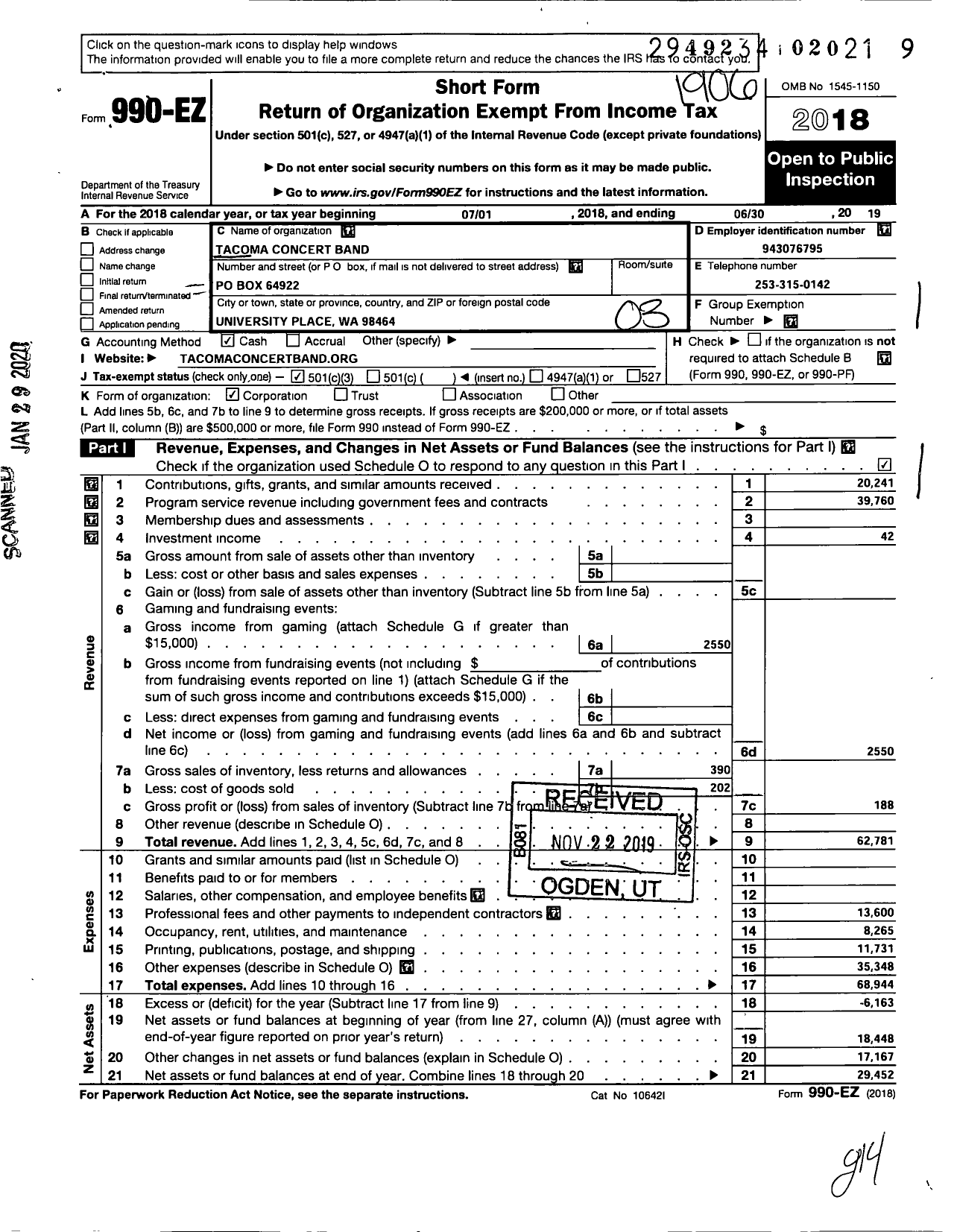 Image of first page of 2018 Form 990EZ for Tacoma Concert Band