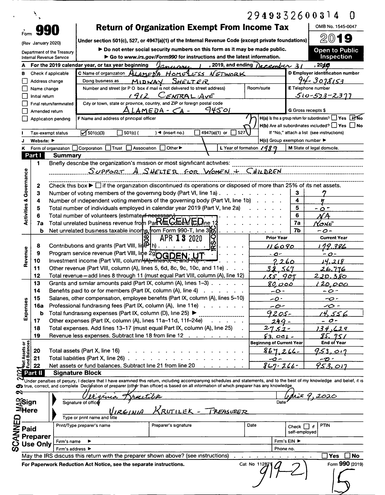 Image of first page of 2019 Form 990 for Midway Shelter