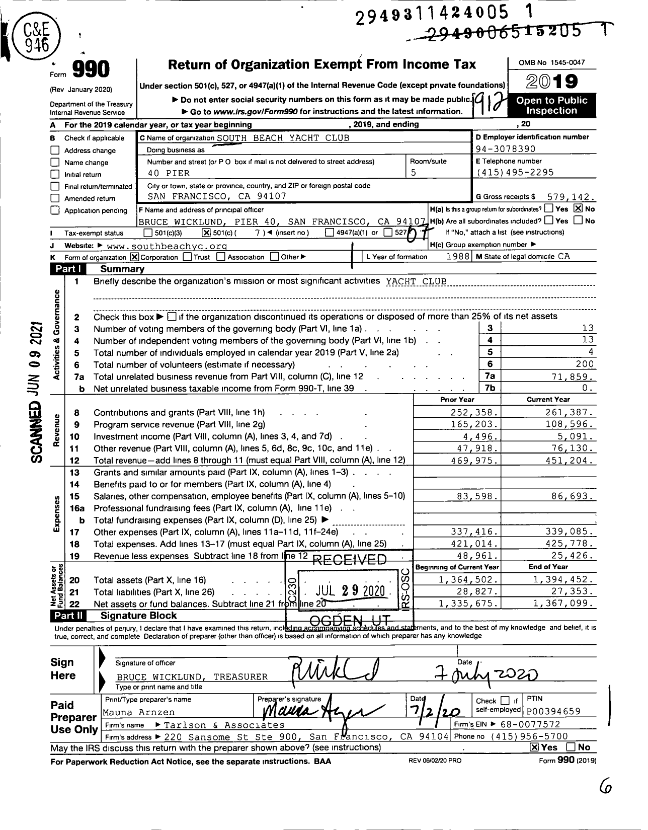 Image of first page of 2019 Form 990O for South Beach Yacht Club