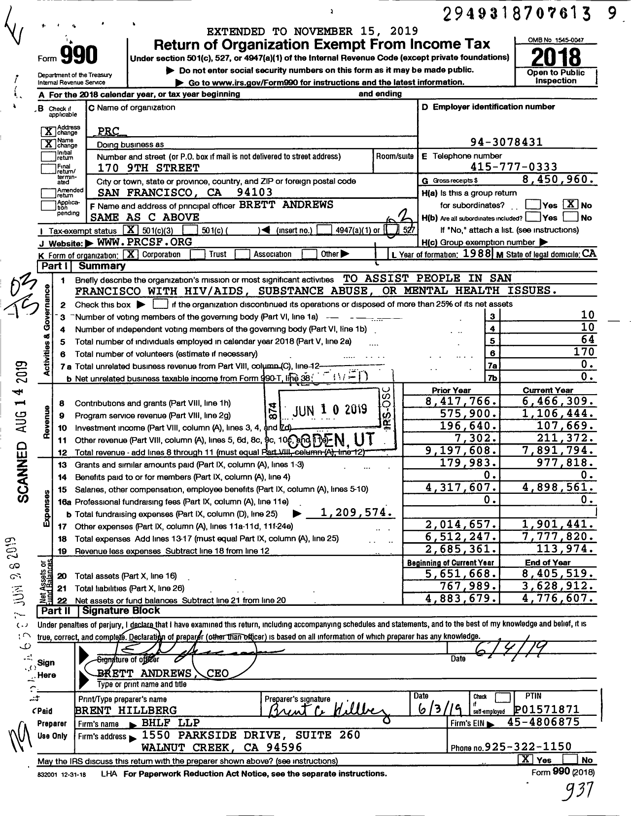 Image of first page of 2018 Form 990 for Positive Resource Center (PRC)