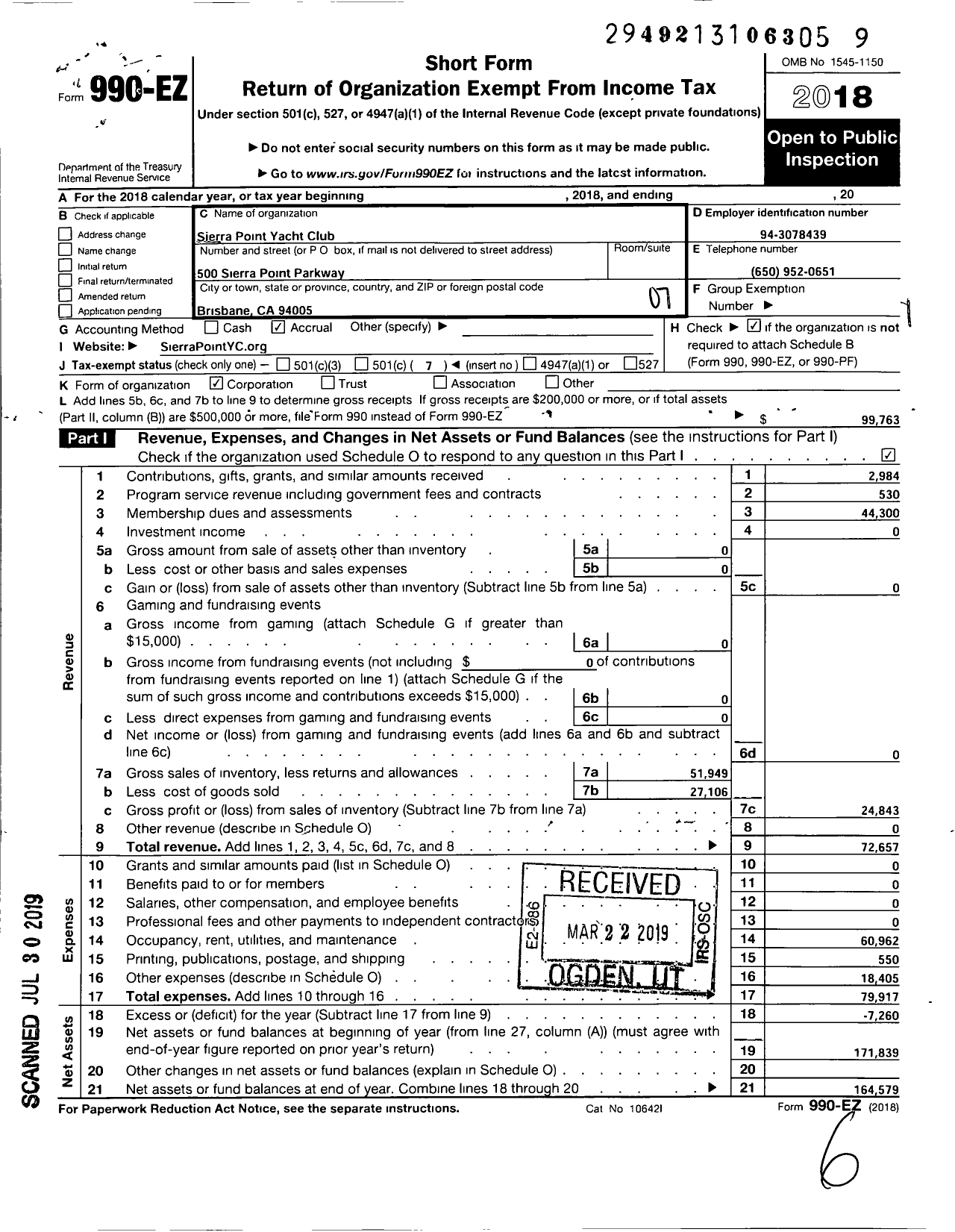 Image of first page of 2018 Form 990EO for Sierra Point Yacht Club