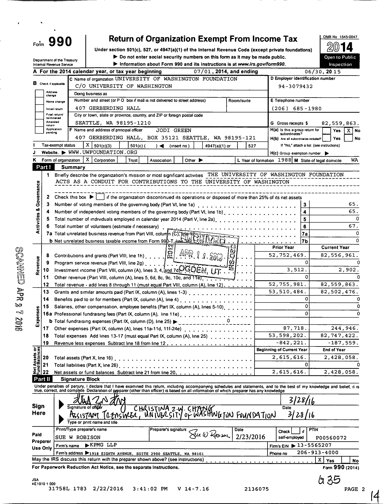 Image of first page of 2014 Form 990 for University of Washington Foundation