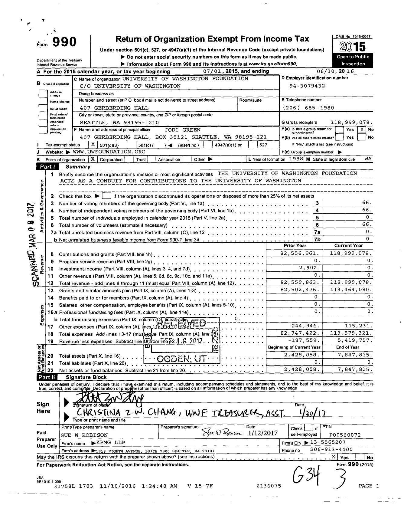 Image of first page of 2015 Form 990 for University of Washington Foundation
