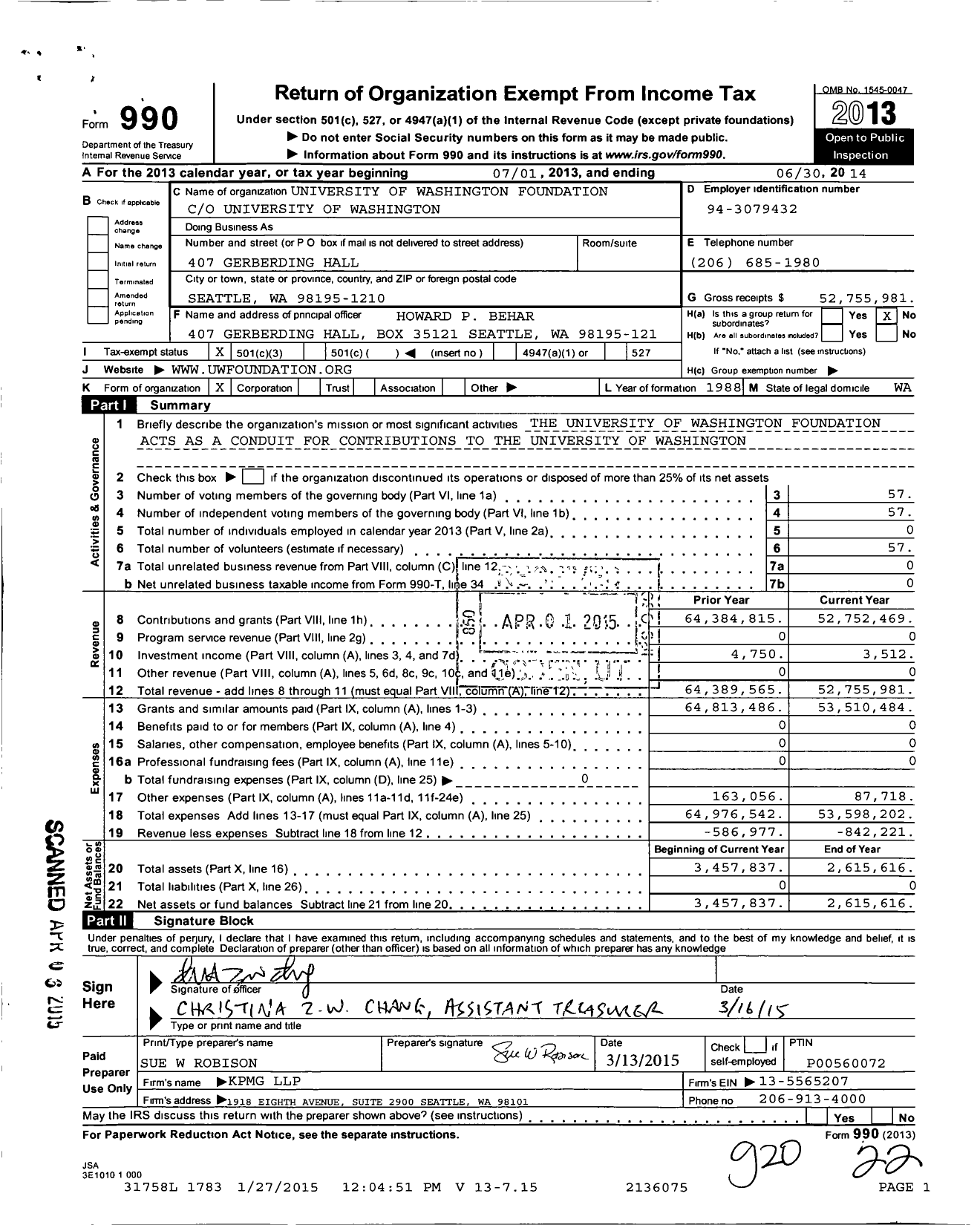 Image of first page of 2013 Form 990 for University of Washington Foundation