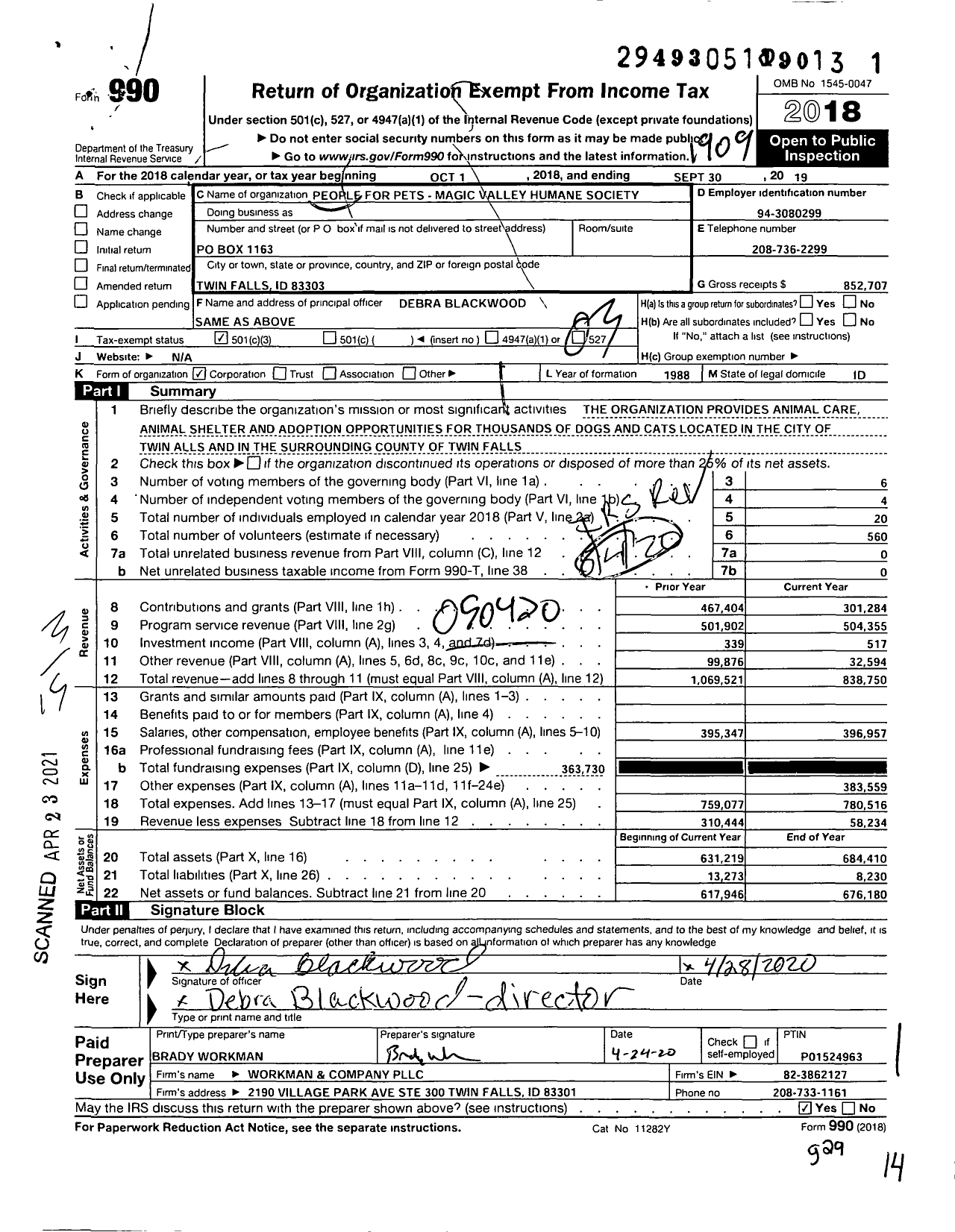 Image of first page of 2018 Form 990 for People for Pets Magic Valley Humane Society