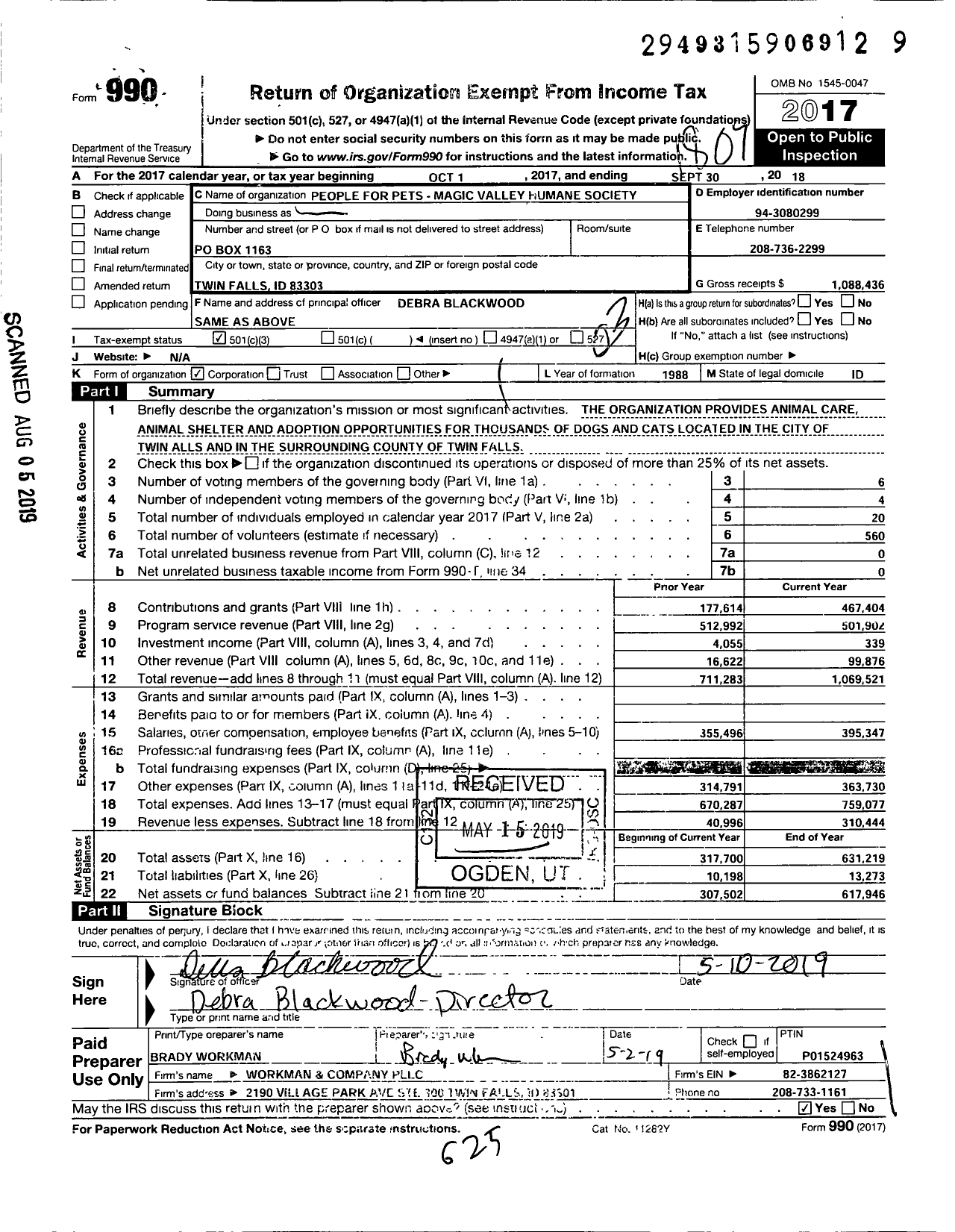 Image of first page of 2017 Form 990 for People for Pets Magic Valley Humane Society