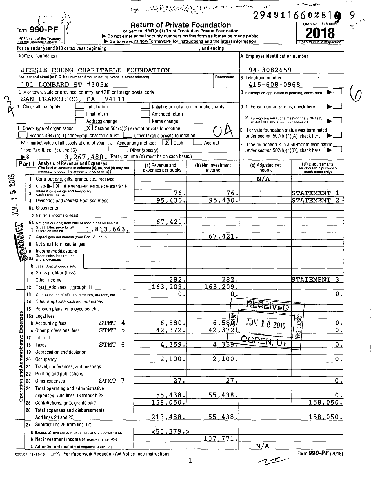 Image of first page of 2018 Form 990PF for Jessie Cheng Charitable Foundation