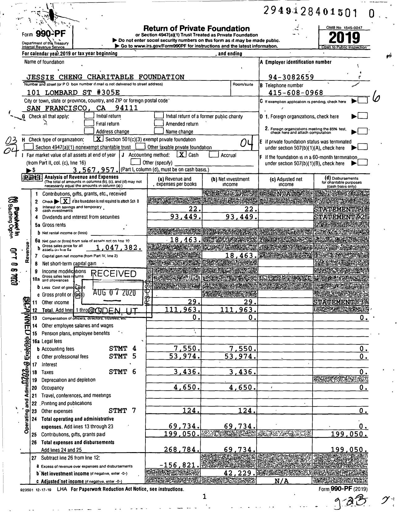 Image of first page of 2019 Form 990PF for Jessie Cheng Charitable Foundation