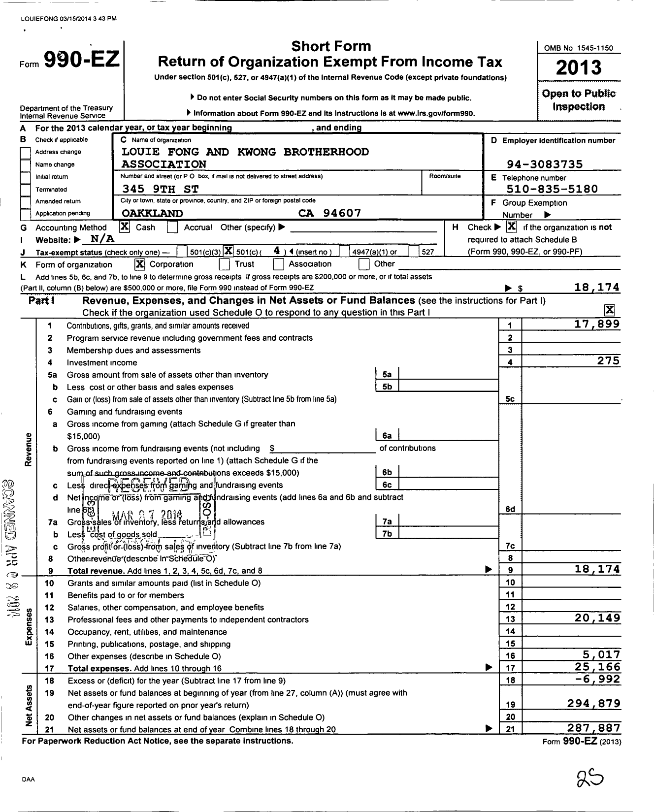 Image of first page of 2013 Form 990EO for Louie Fong and Kwong Brotherhood