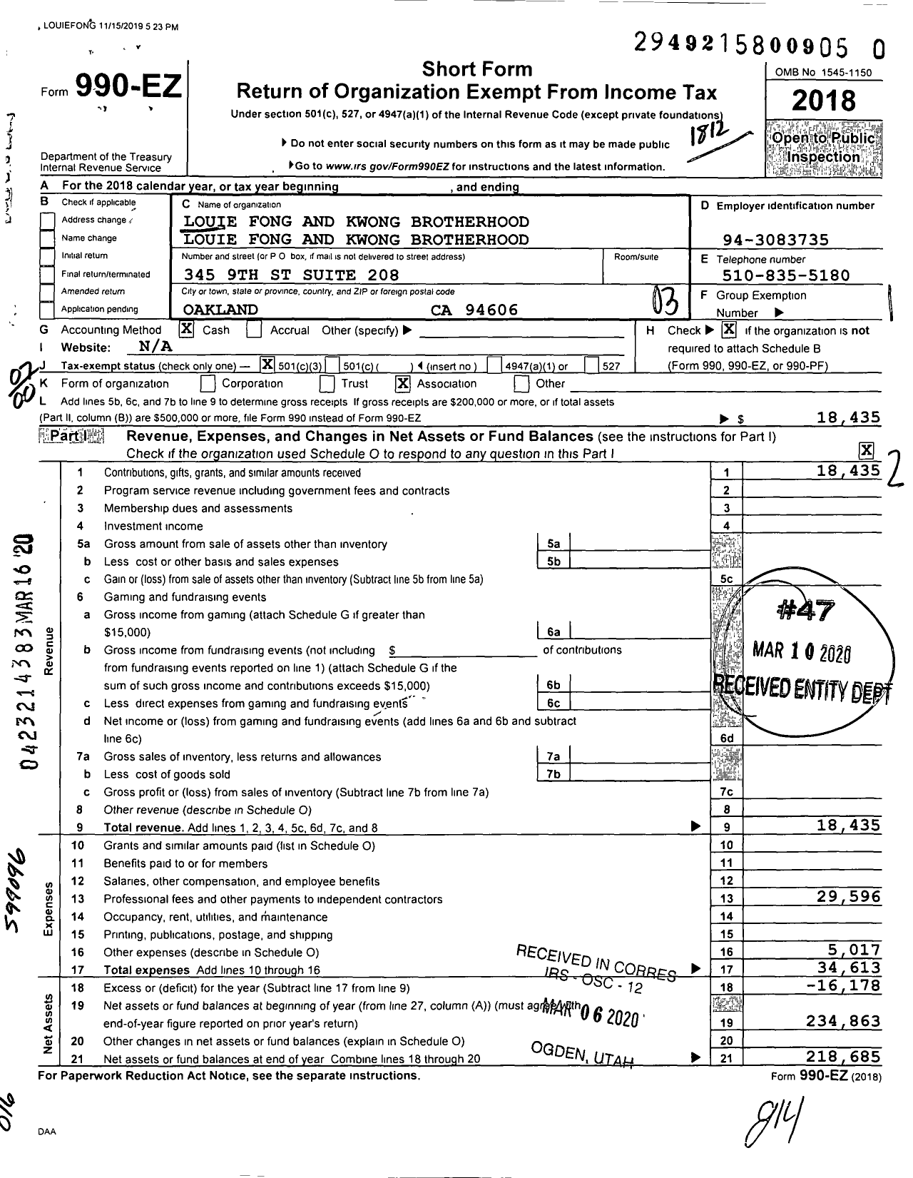 Image of first page of 2018 Form 990EZ for Louie Fong and Kwong Brotherhood