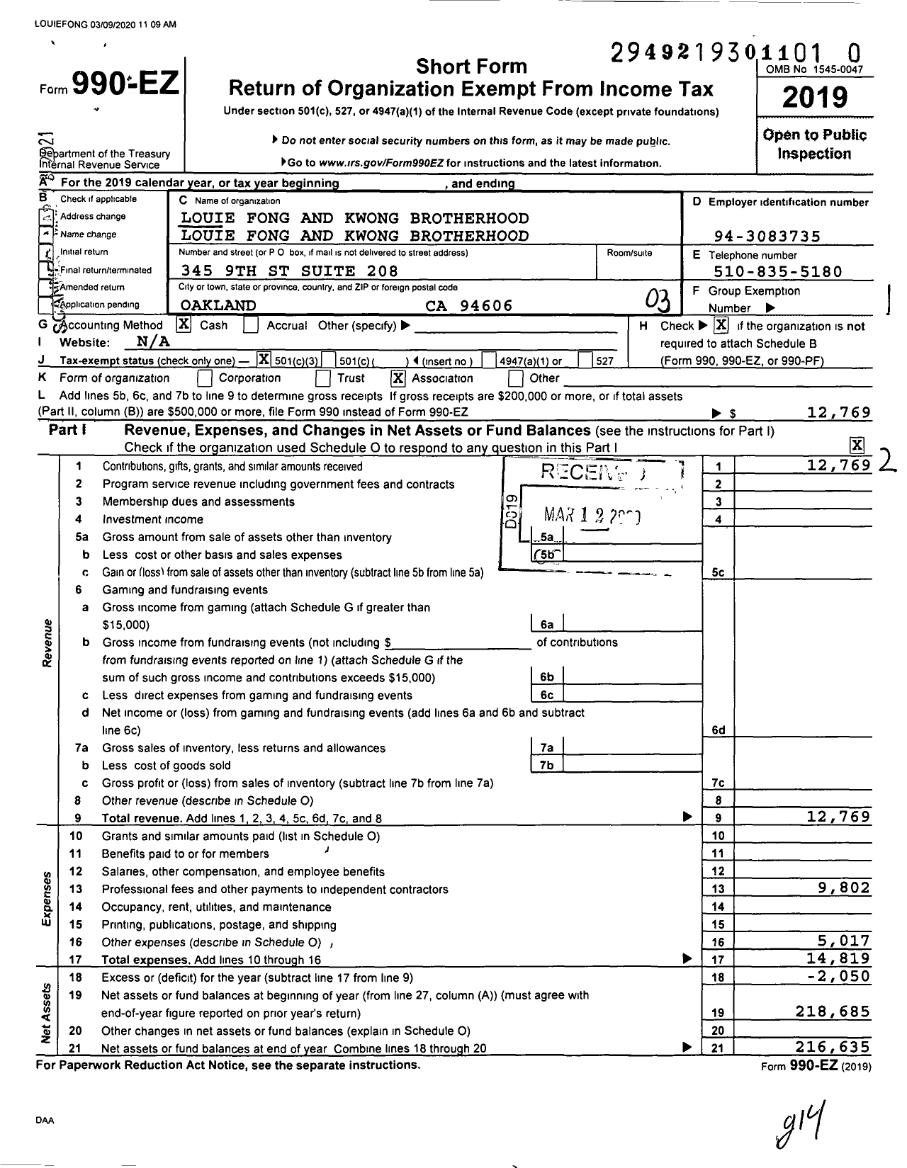 Image of first page of 2019 Form 990EZ for Louie Fong and Kwong Brotherhood