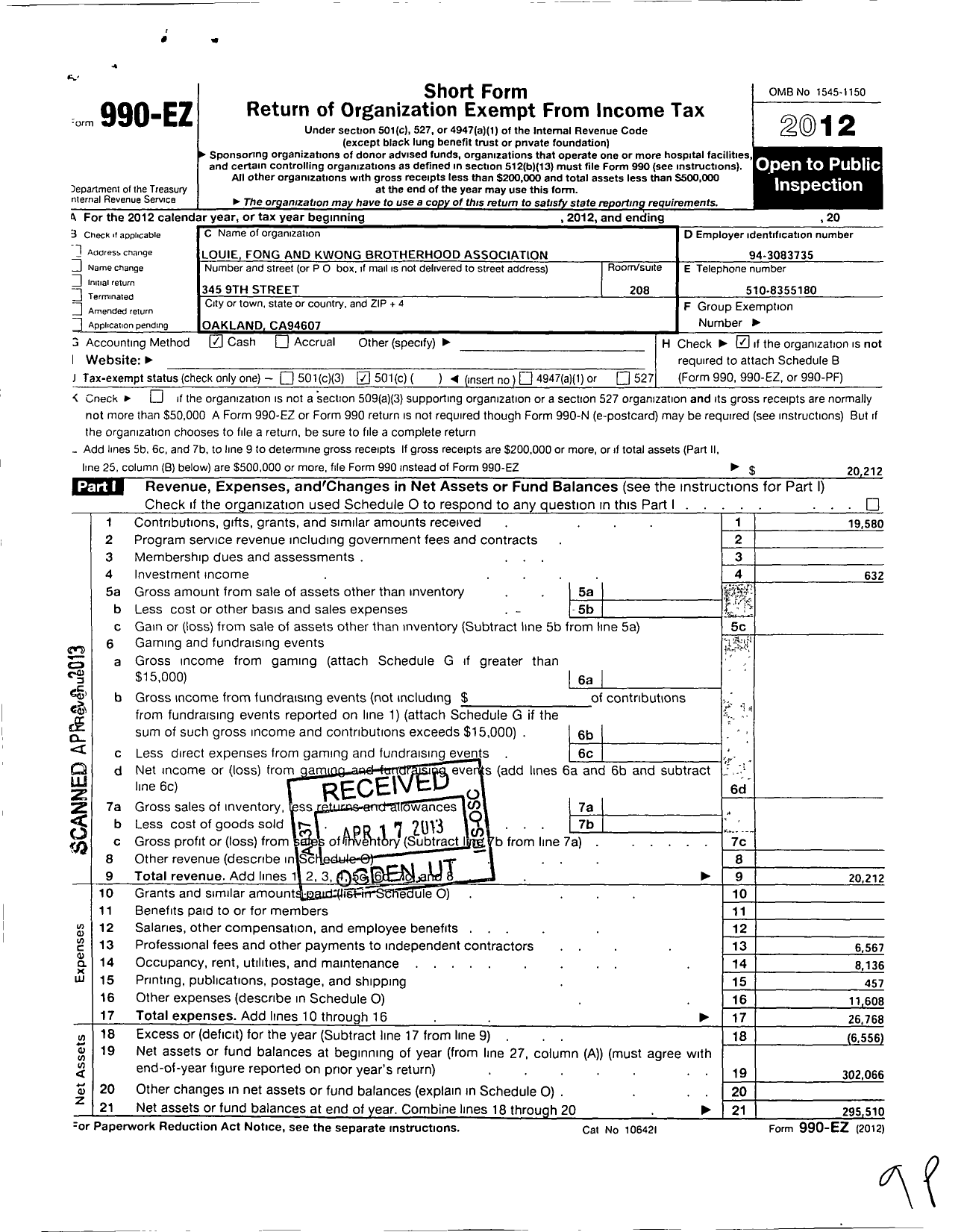 Image of first page of 2012 Form 990EO for Louie Fong and Kwong Brotherhood