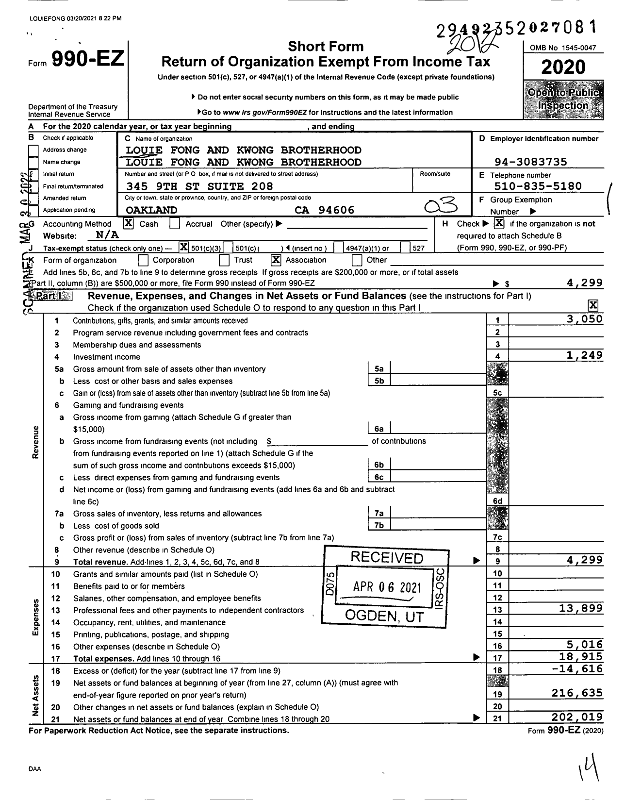 Image of first page of 2020 Form 990EZ for Louie Fong and Kwong Brotherhood