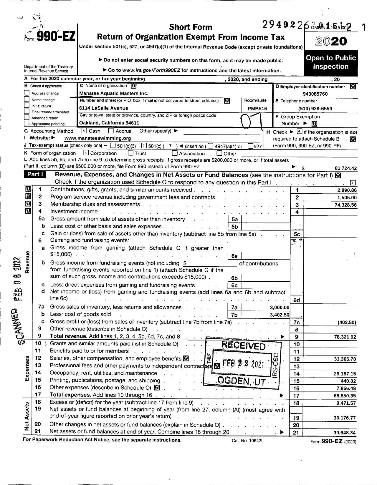 Image of first page of 2020 Form 990EO for Manatee Aquatic Masters Incorporated
