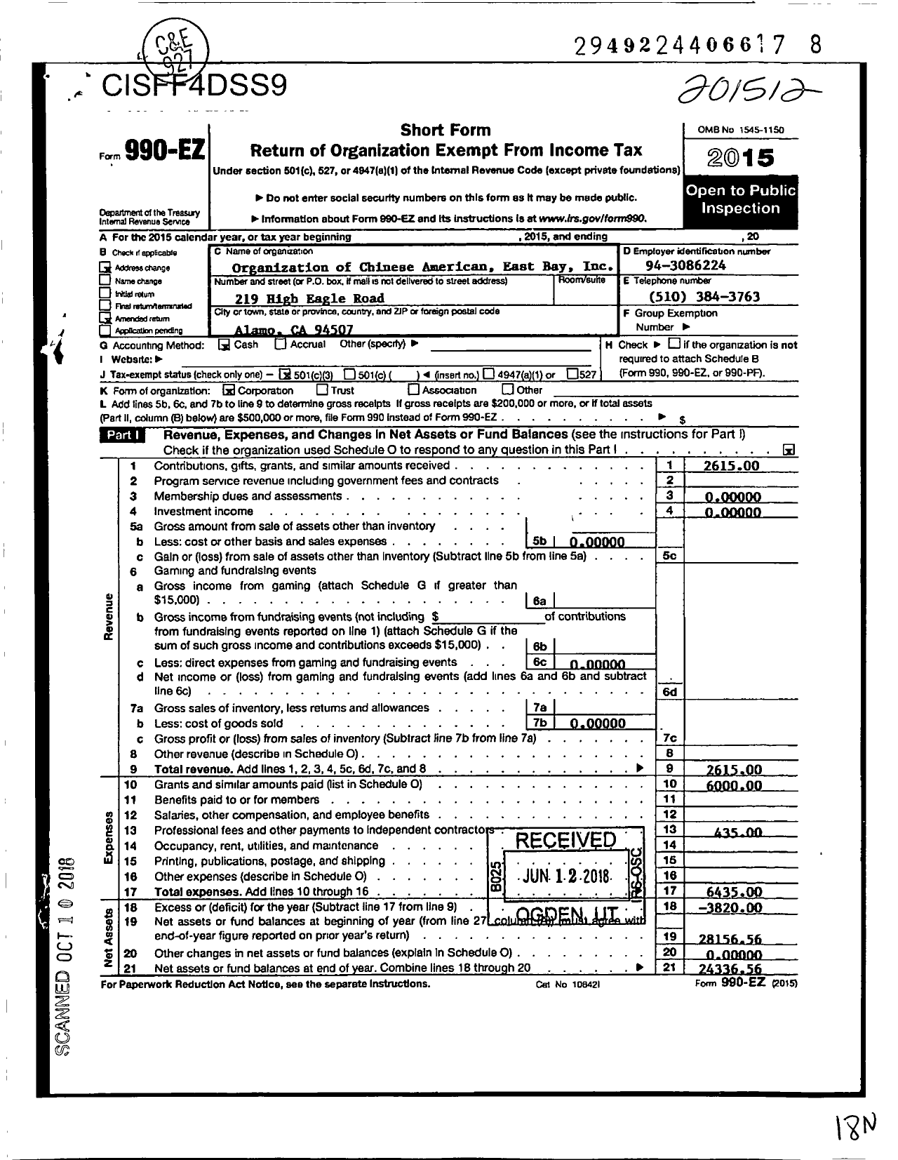 Image of first page of 2015 Form 990EZ for Organization of Chinese Americans