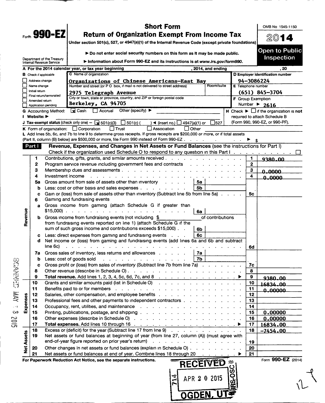 Image of first page of 2014 Form 990EZ for Organization of Chinese Americans