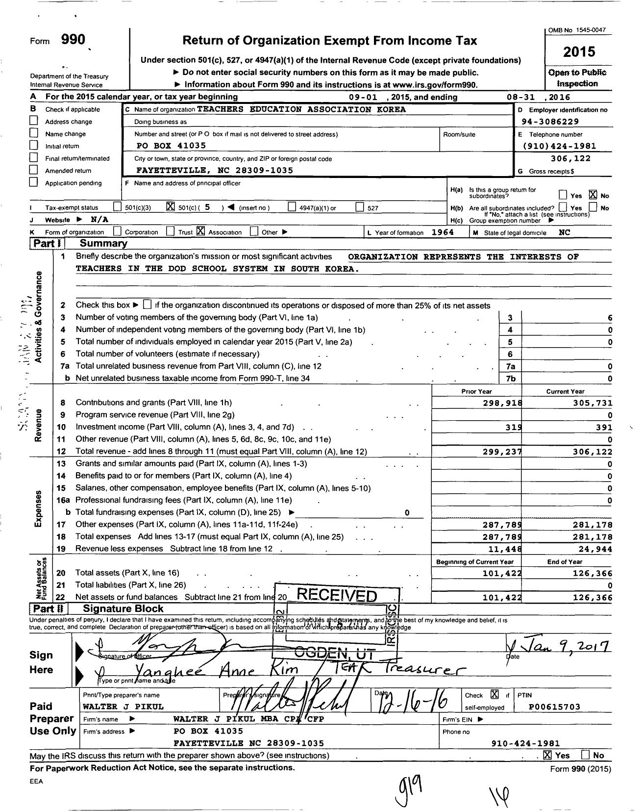 Image of first page of 2015 Form 990O for Teachers Education Association Korea