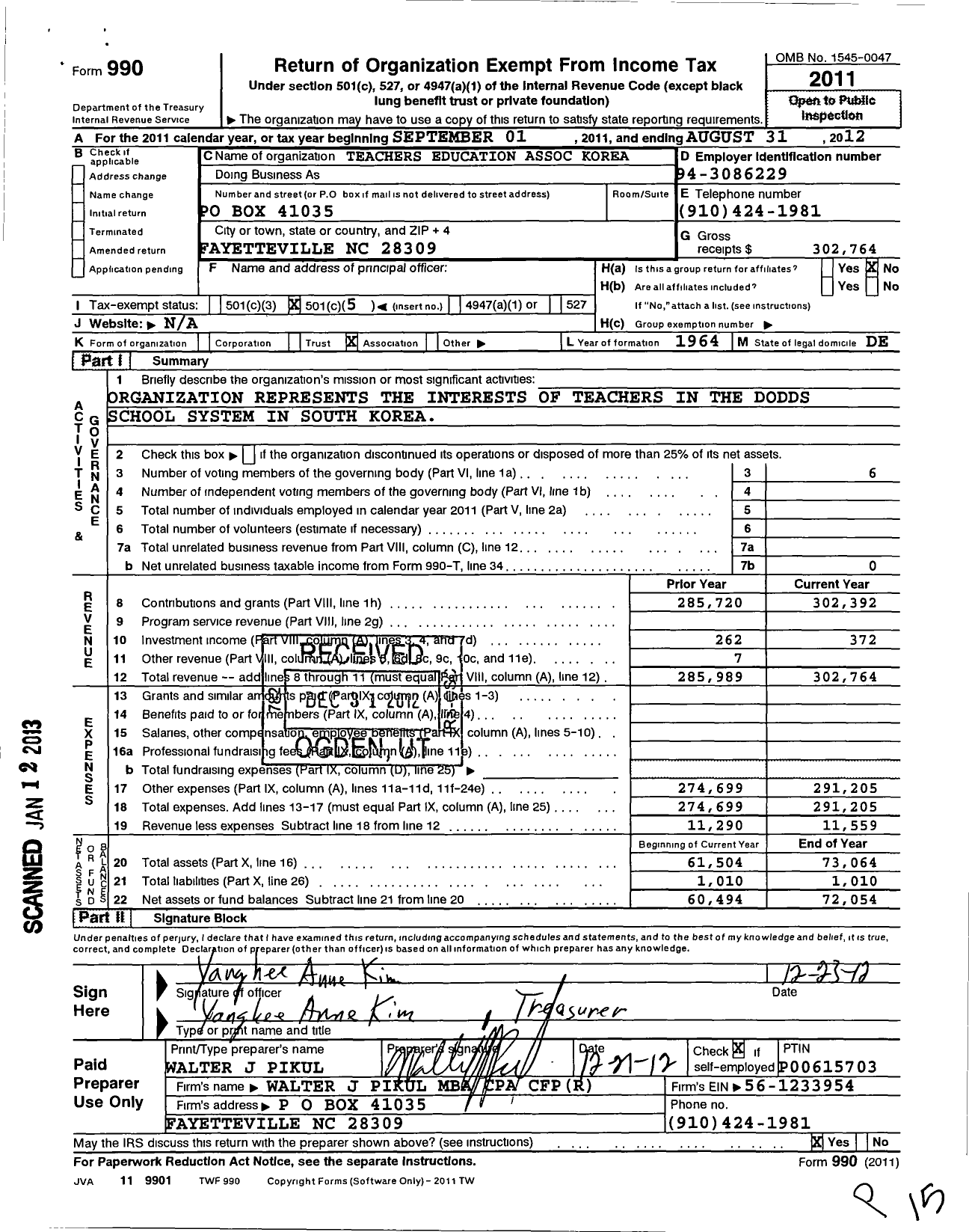 Image of first page of 2011 Form 990O for Teachers Education Association Korea