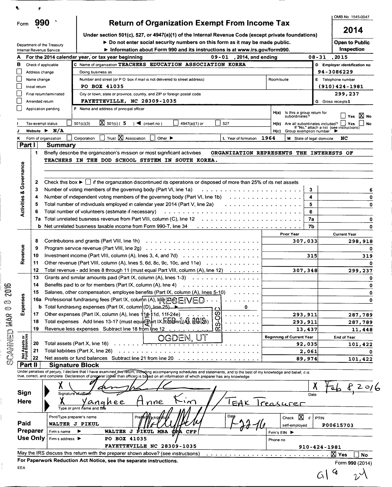 Image of first page of 2014 Form 990O for Teachers Education Association Korea