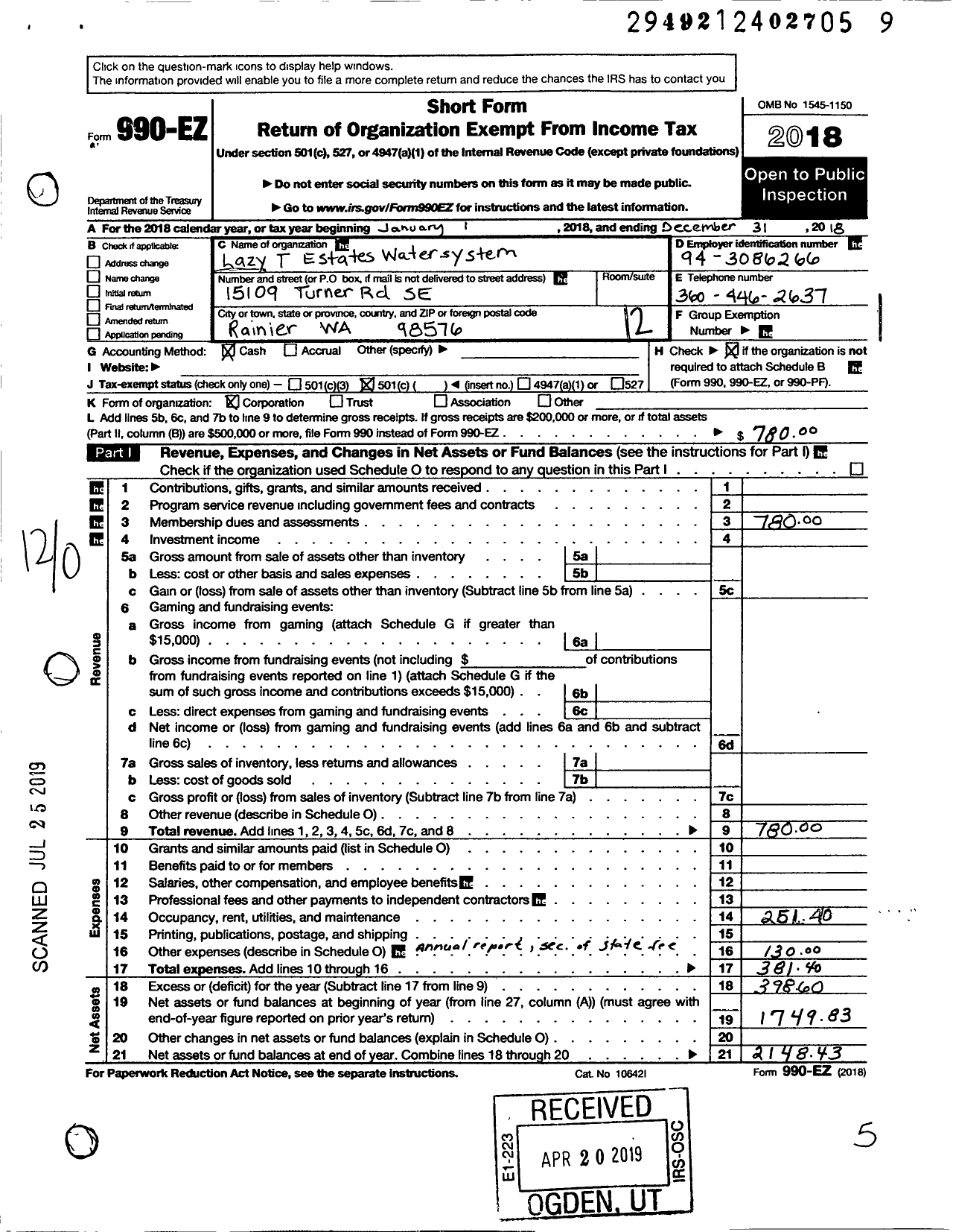 Image of first page of 2018 Form 990EO for Lazy T Estates Water System