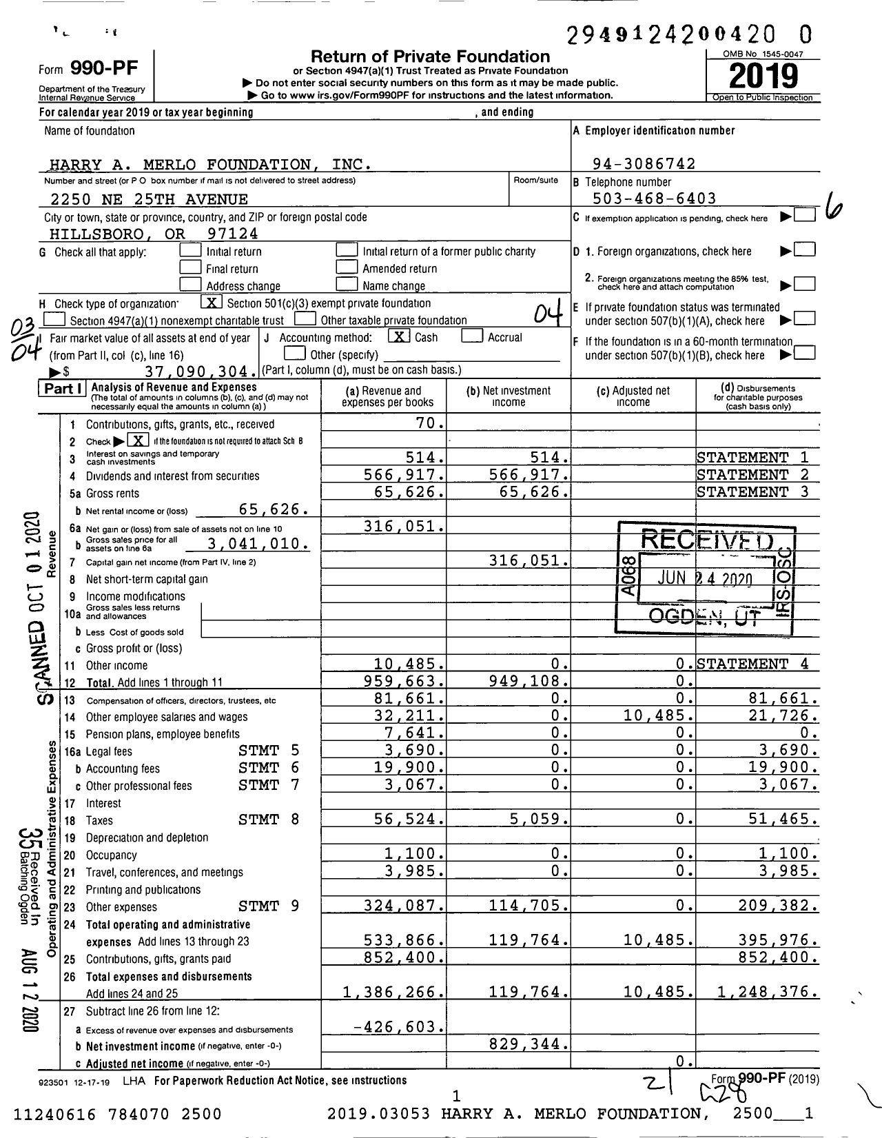 Image of first page of 2019 Form 990PR for Harry A Merlo Foundation