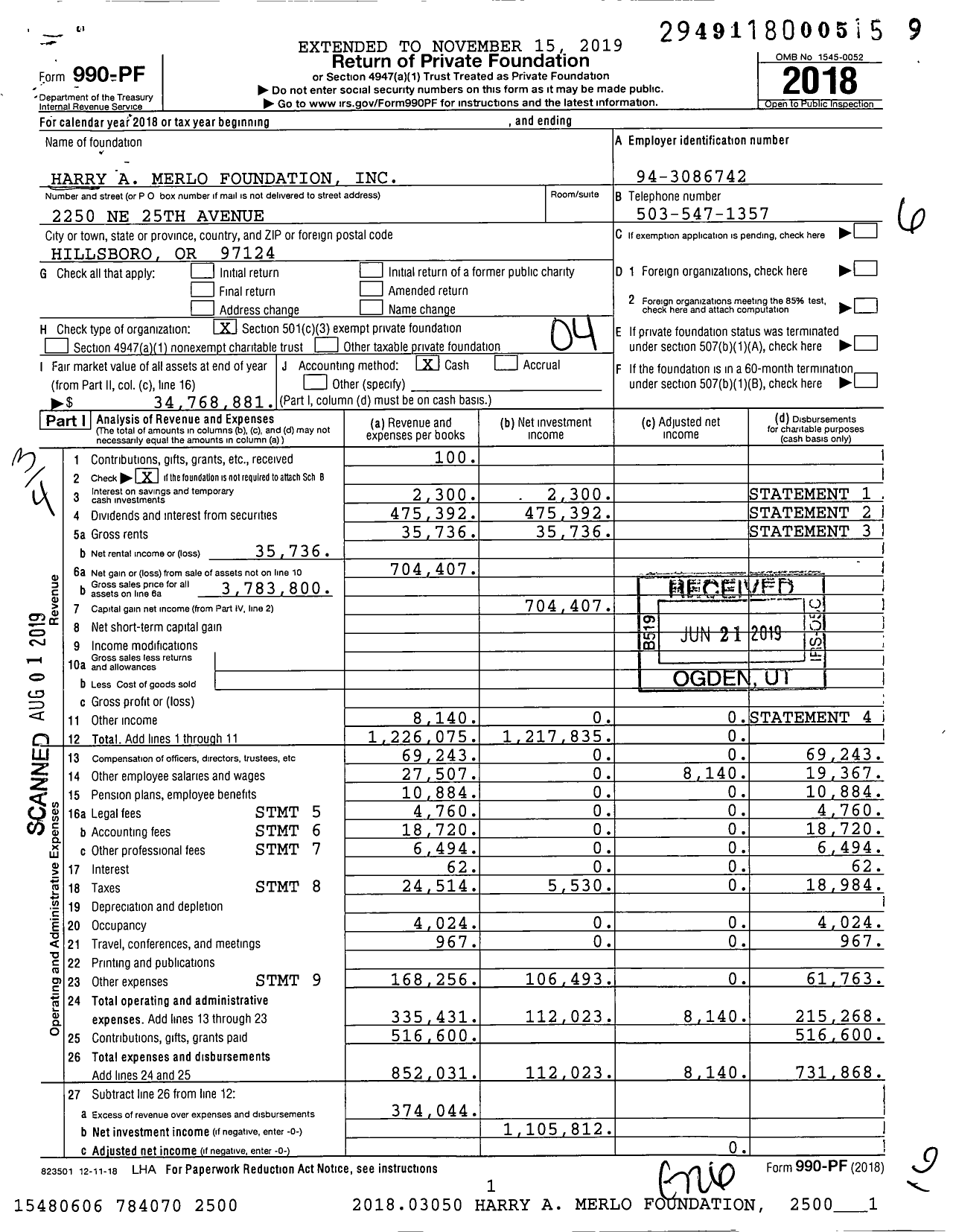 Image of first page of 2018 Form 990PF for Harry A Merlo Foundation