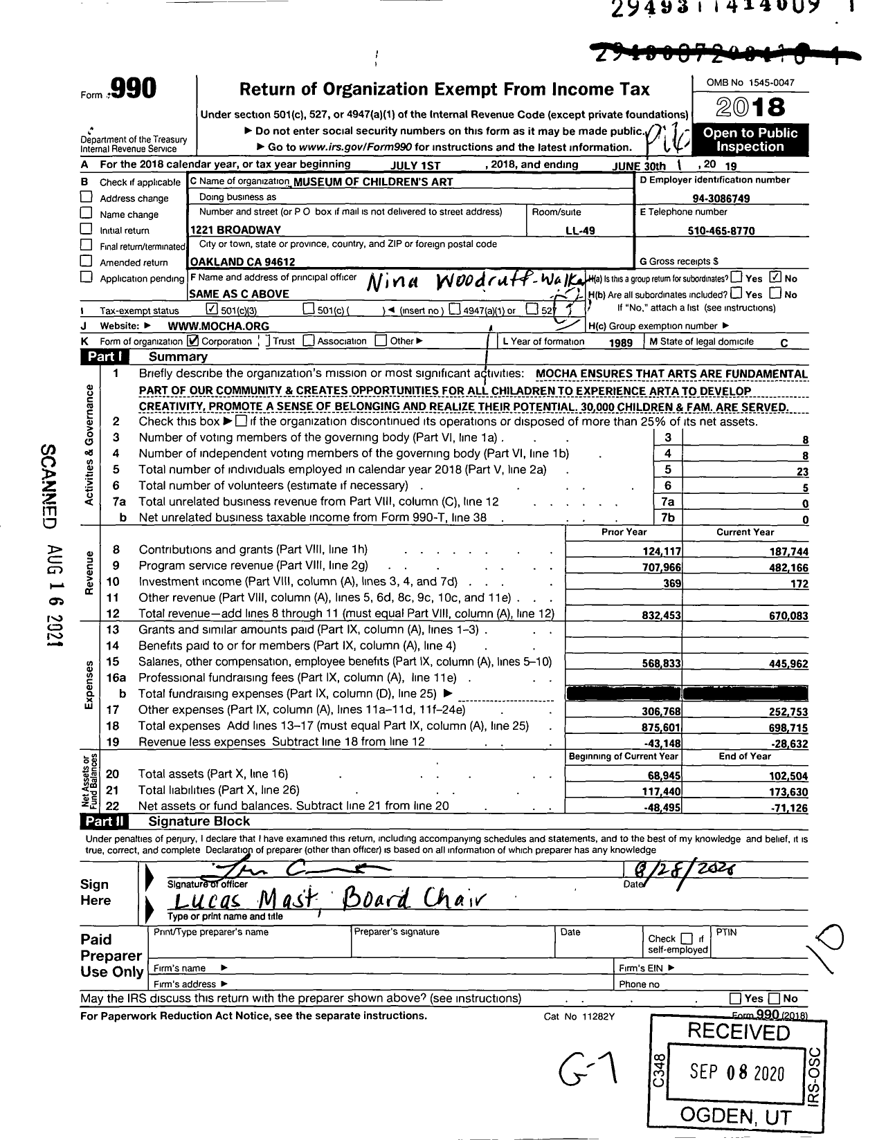 Image of first page of 2018 Form 990 for Museum of Childrens Arts (MOCHA)