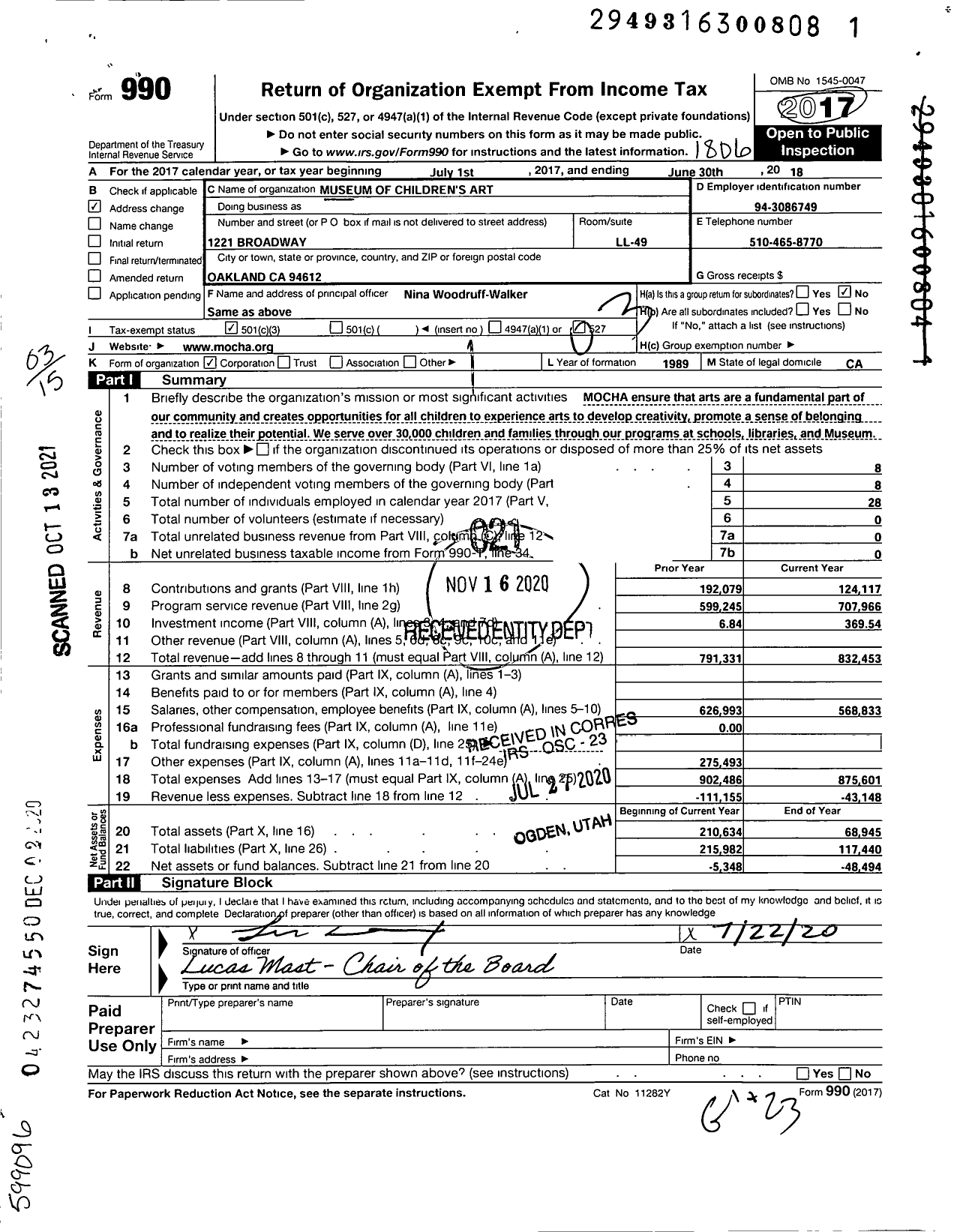 Image of first page of 2017 Form 990 for Museum of Childrens Arts (MOCHA)