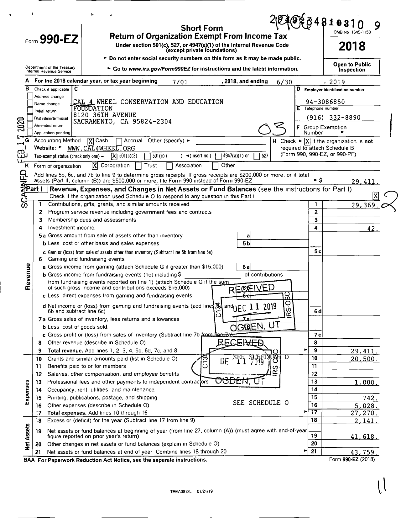 Image of first page of 2018 Form 990EZ for CA4WDC Conservation and Education Foundation