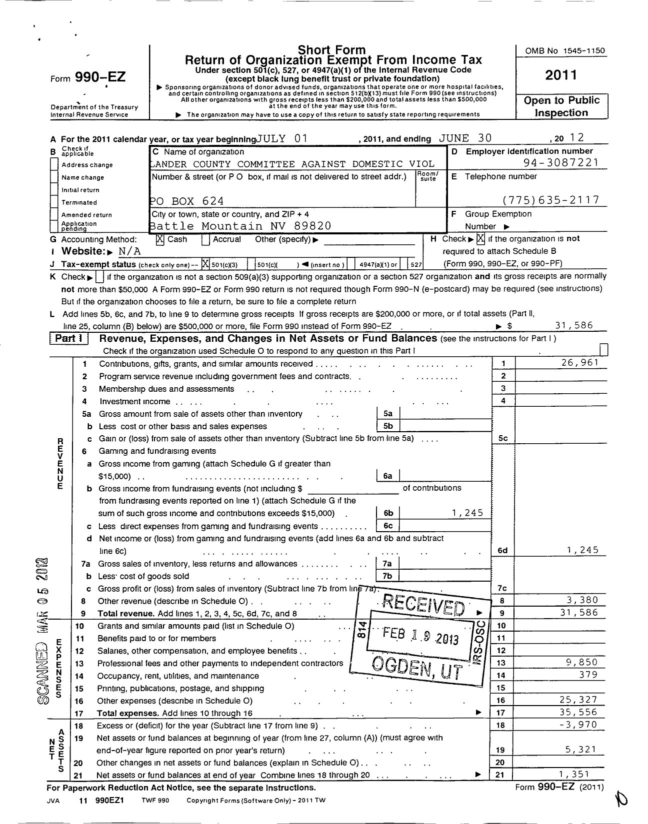 Image of first page of 2011 Form 990EZ for Lander County Committee Against Domestic Violence