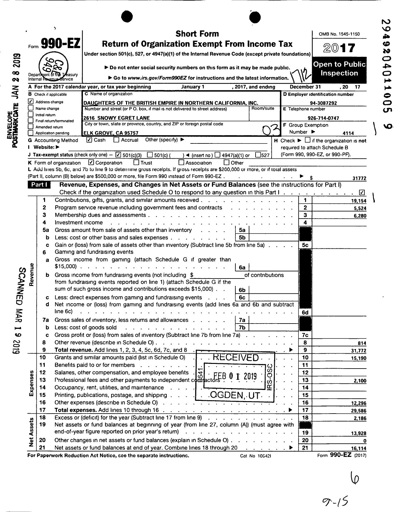 Image of first page of 2017 Form 990EZ for Daughters of the British Empire in Northern California