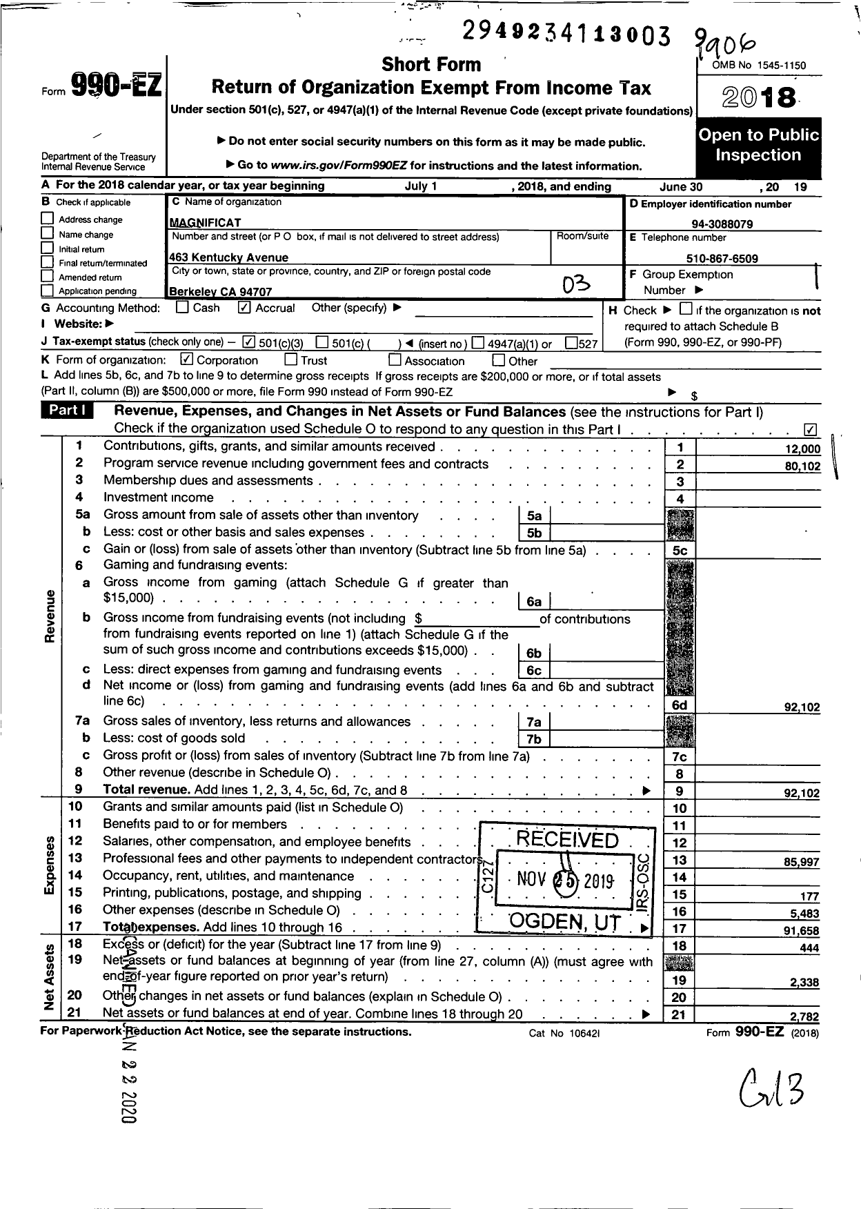 Image of first page of 2018 Form 990EZ for Magnificat