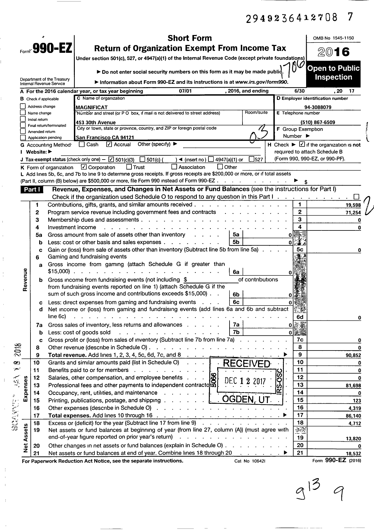 Image of first page of 2016 Form 990EZ for Magnificat