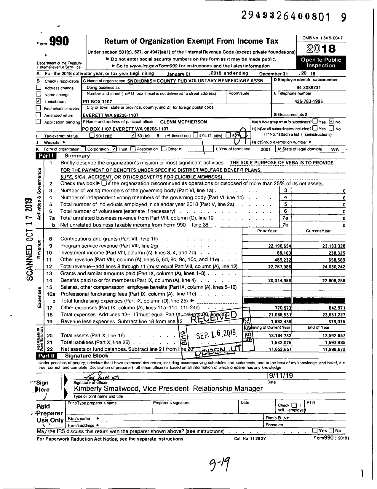 Image of first page of 2018 Form 990O for Snohomish County Pud Voluntary Beneficiary Association