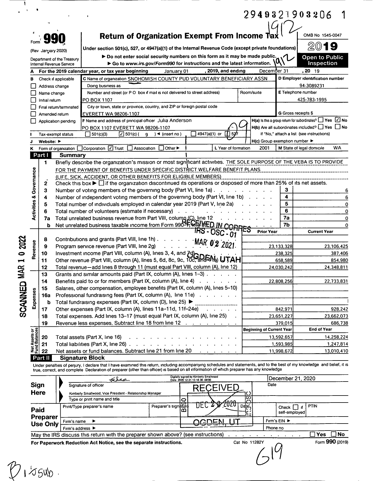 Image of first page of 2019 Form 990O for Snohomish County Pud Voluntary Beneficiary Association