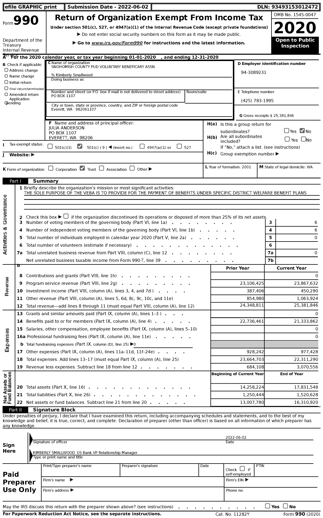 Image of first page of 2020 Form 990 for Snohomish County Pud Voluntary Beneficiary Association