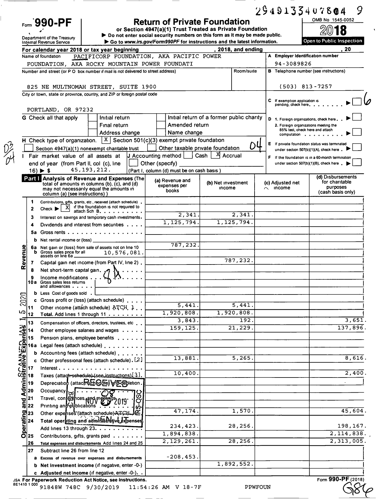 Image of first page of 2018 Form 990PF for Pacificorp Foundation Aka Pacific Power Foundation Aka Rocky Mountain Power Foundation