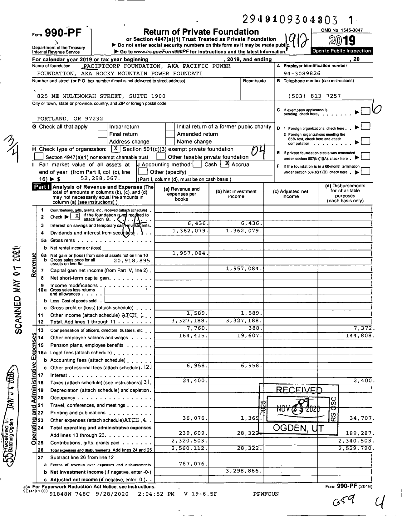 Image of first page of 2019 Form 990PF for Pacificorp Foundation Aka Pacific Power Foundation Aka Rocky Mountain Power Foundation