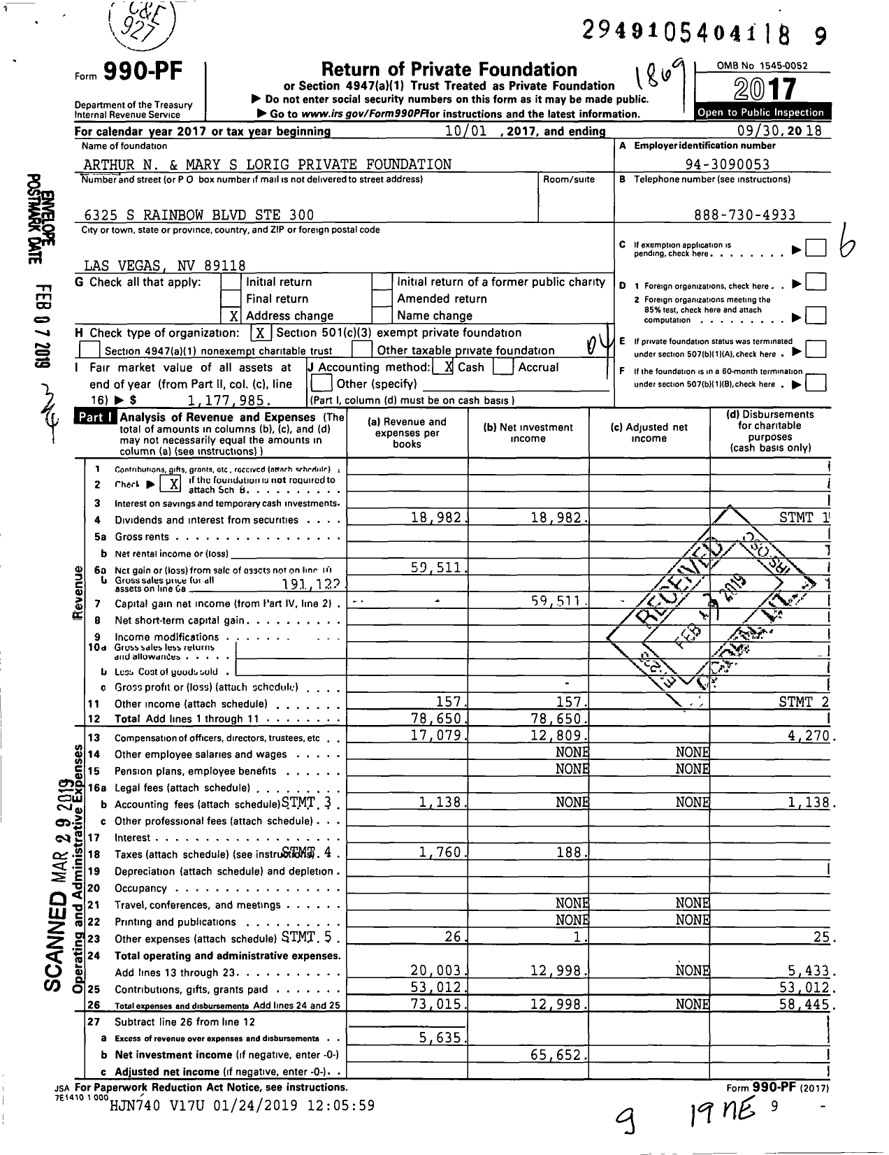 Image of first page of 2017 Form 990PF for Arthur N and Mary S Lorig Private Foundation