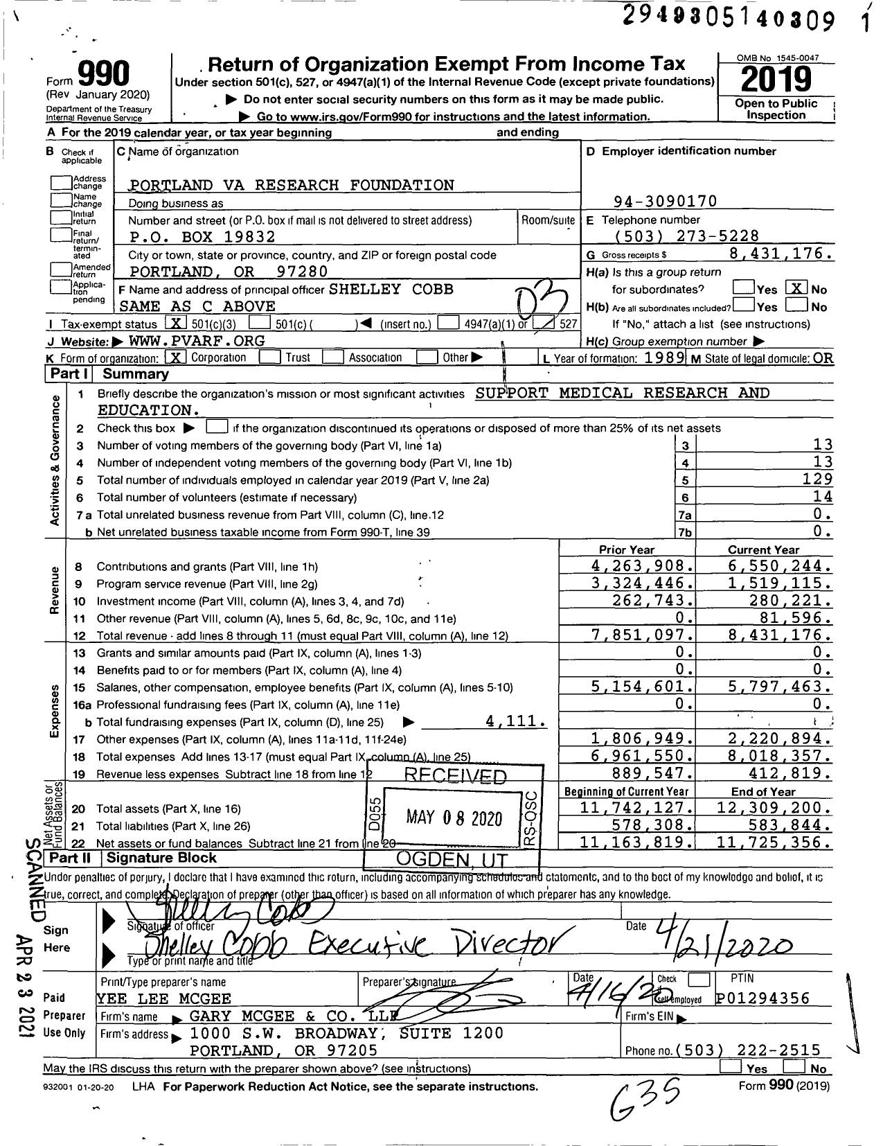 Image of first page of 2019 Form 990 for Portland Va Research Foundation