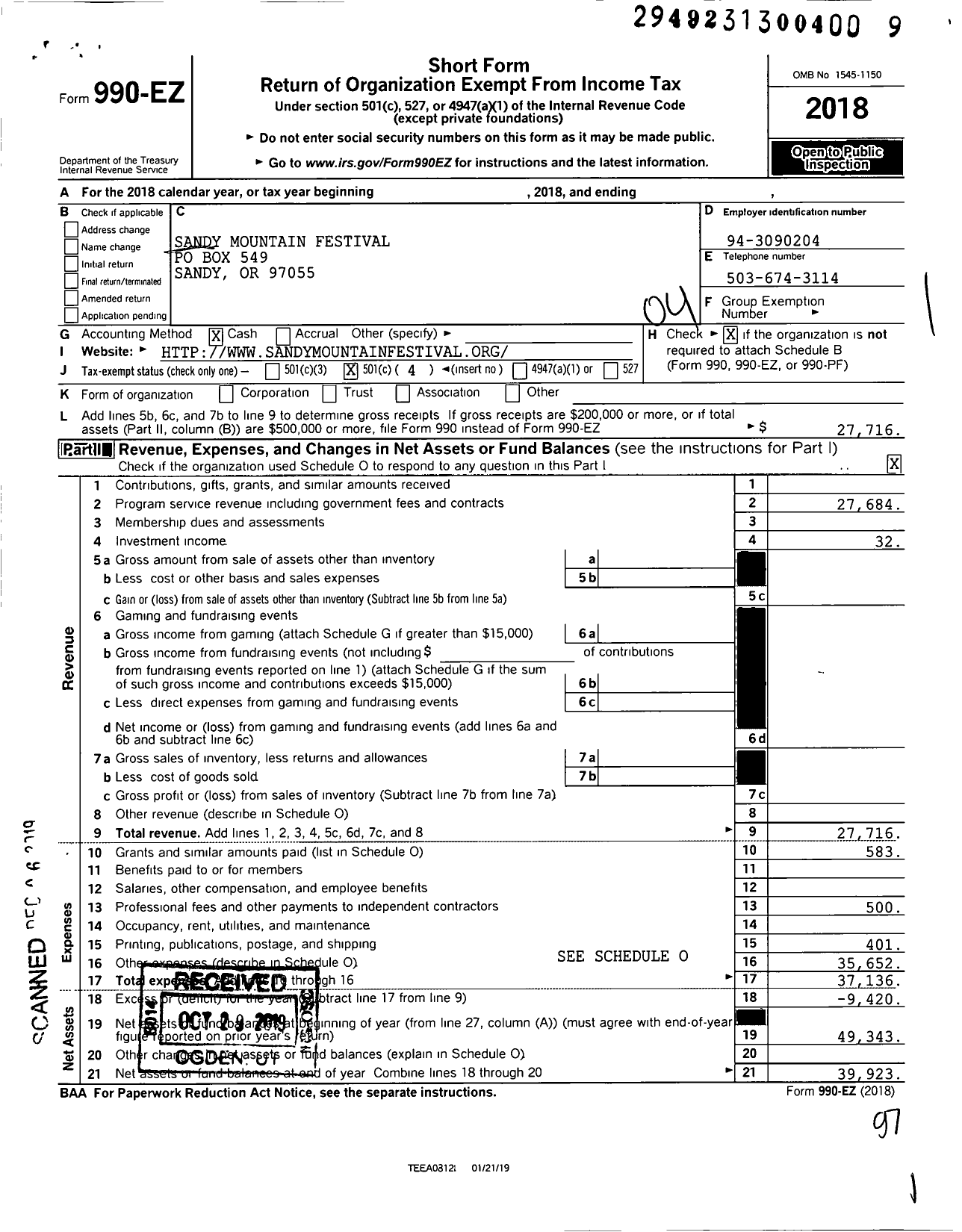 Image of first page of 2018 Form 990EO for Sandy Mountain Festival