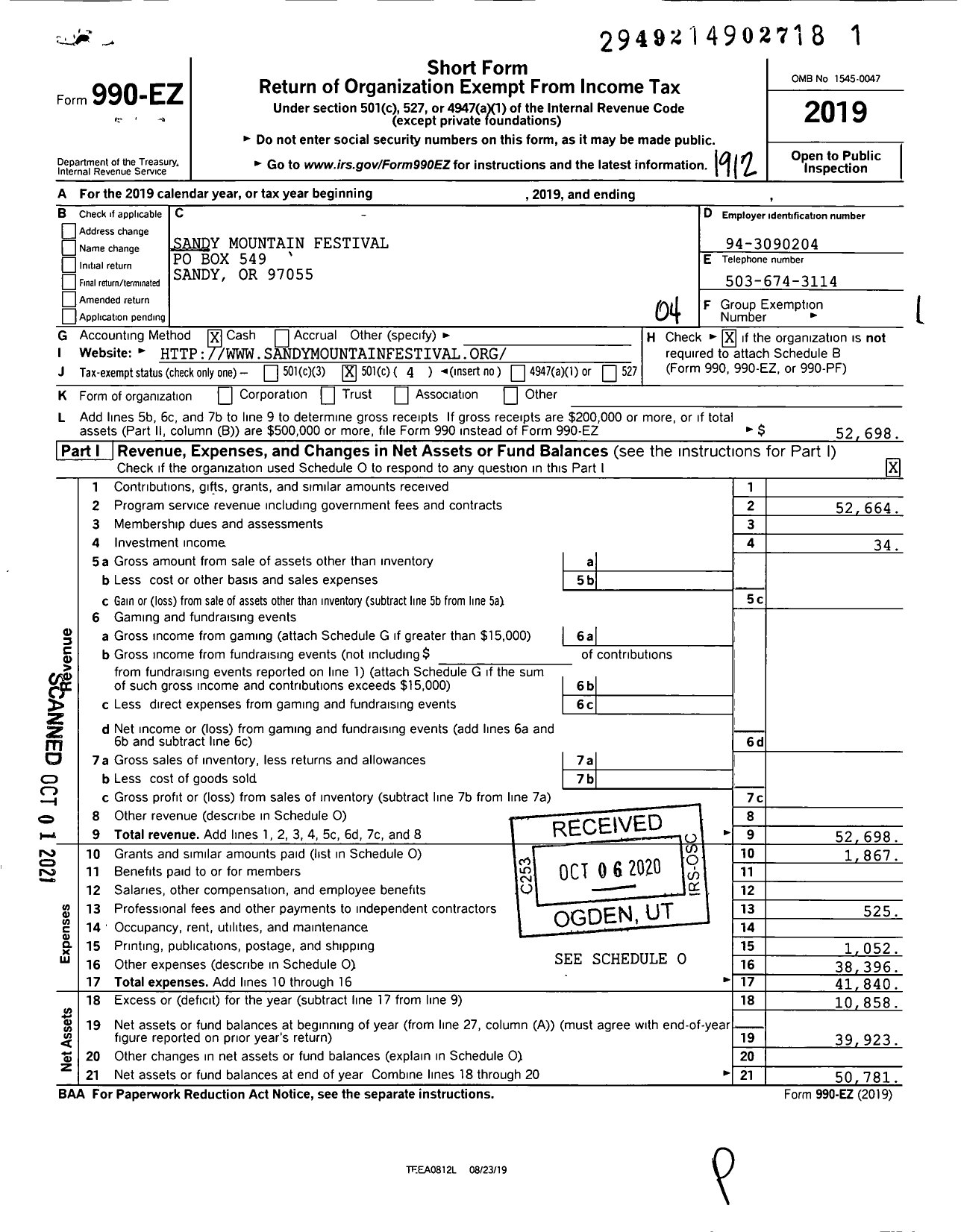 Image of first page of 2019 Form 990EO for Sandy Mountain Festival