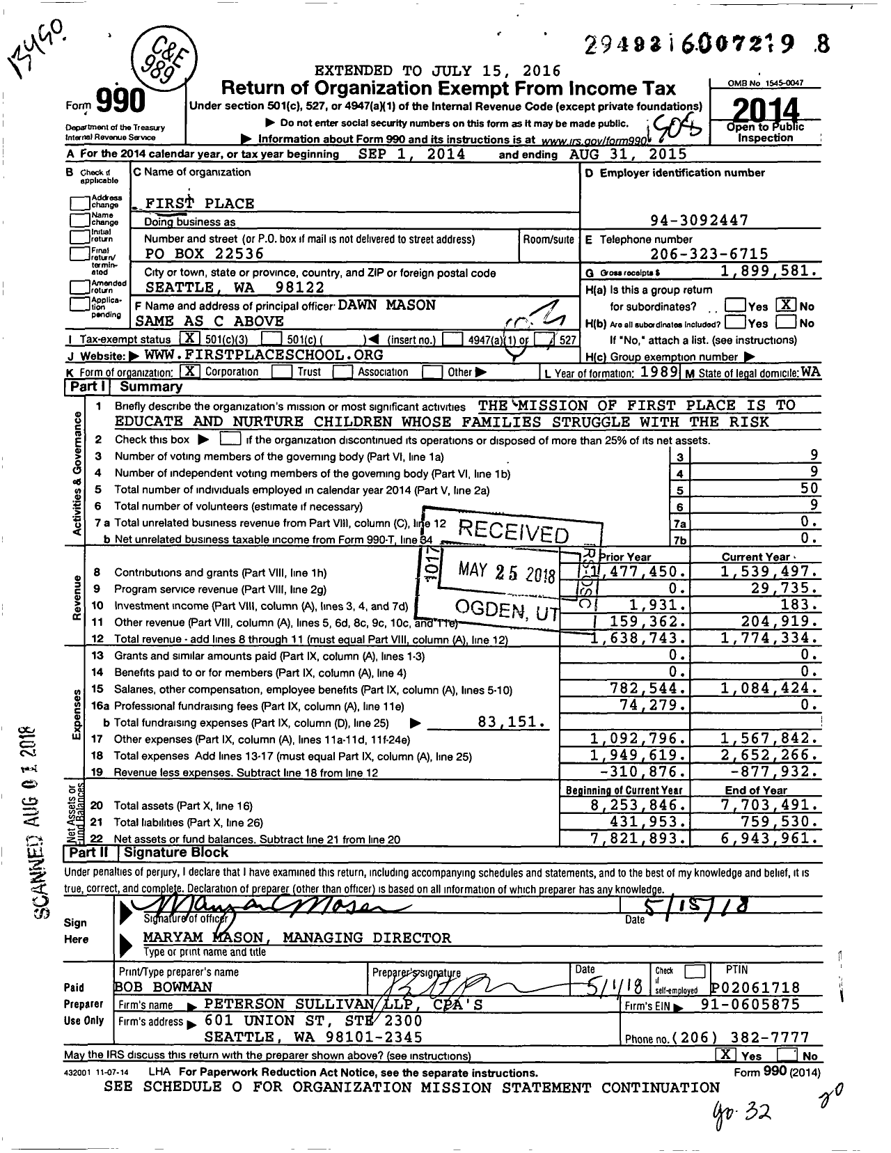 Image of first page of 2014 Form 990 for First Place