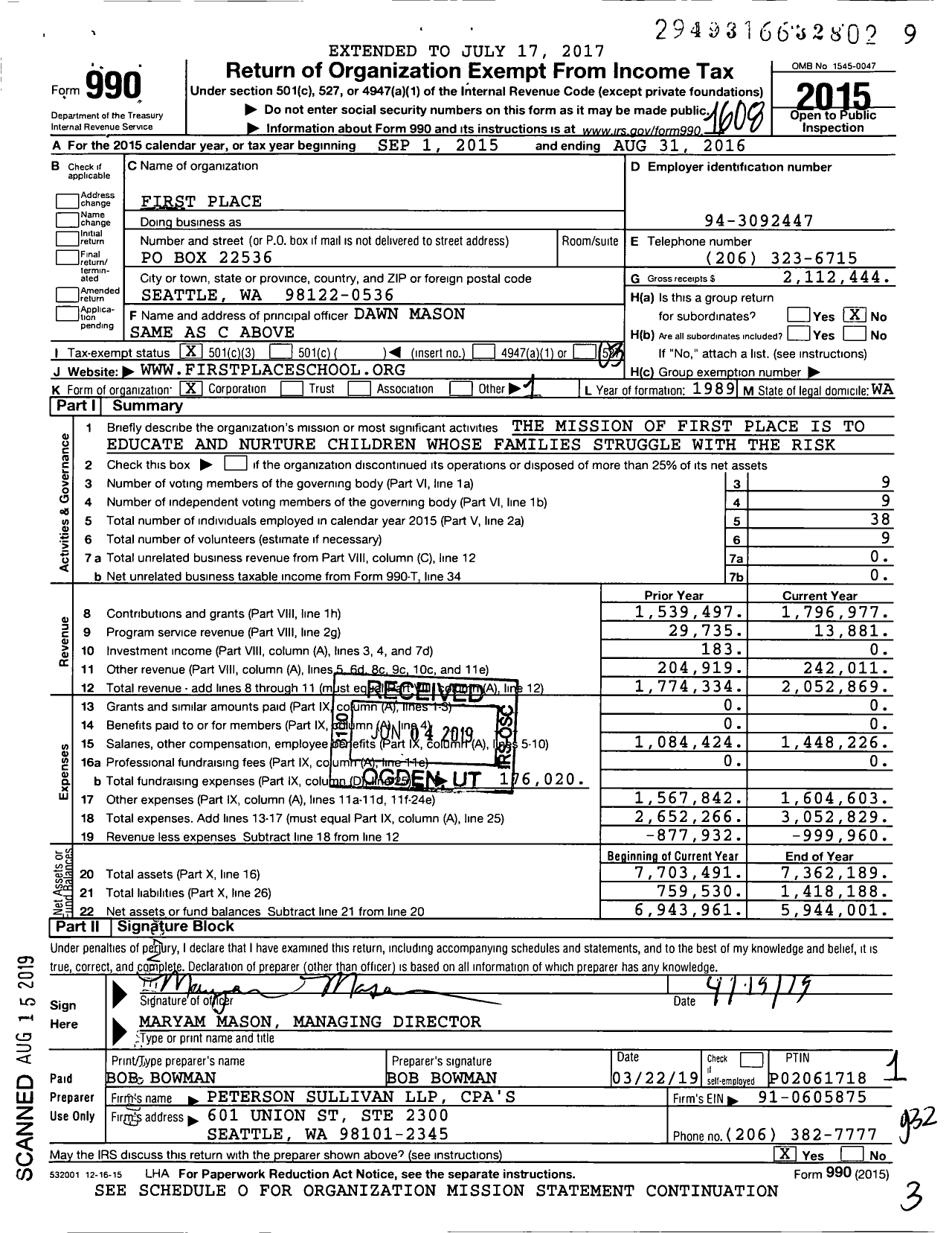 Image of first page of 2015 Form 990 for First Place