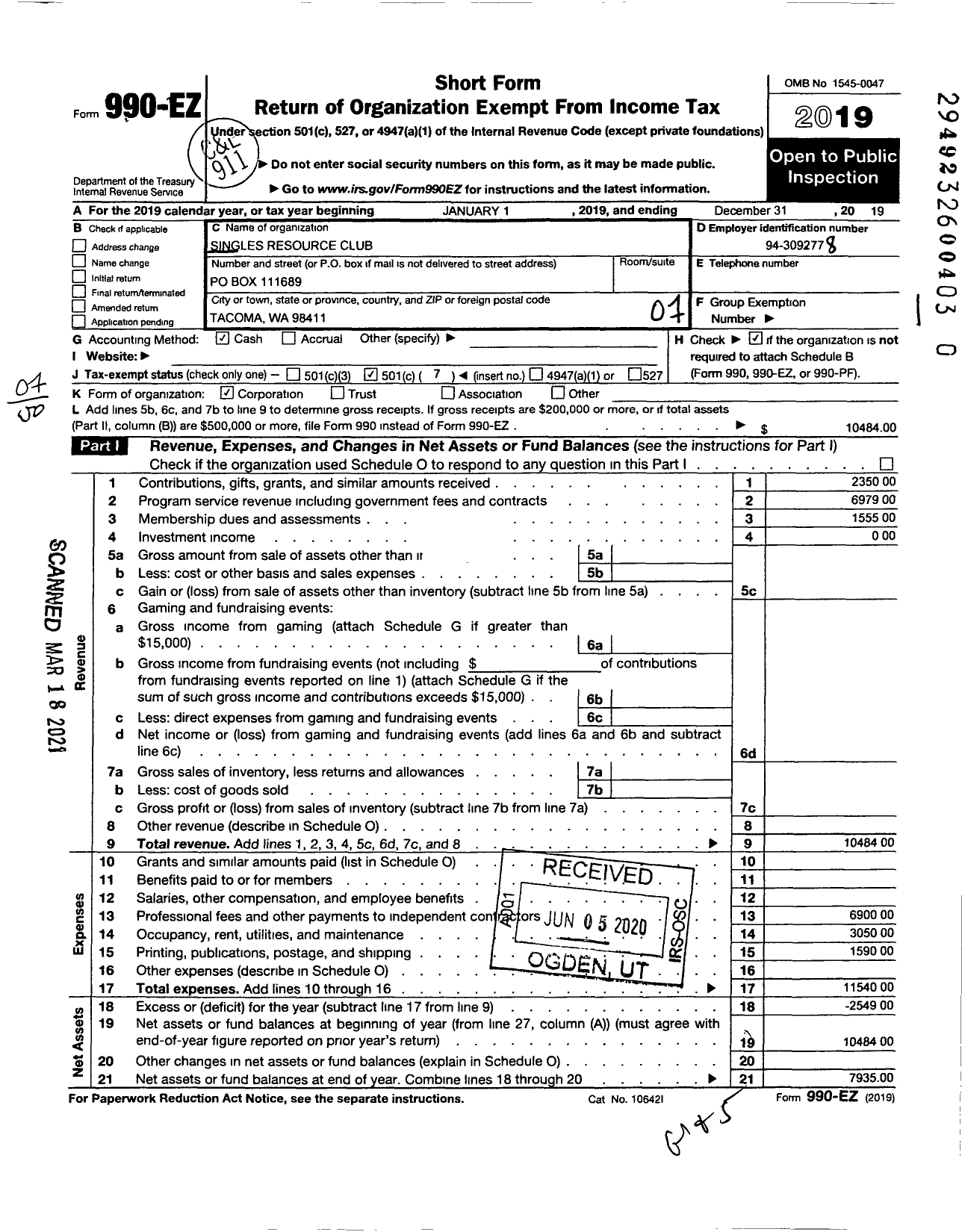 Image of first page of 2019 Form 990EO for Singles Resource Club