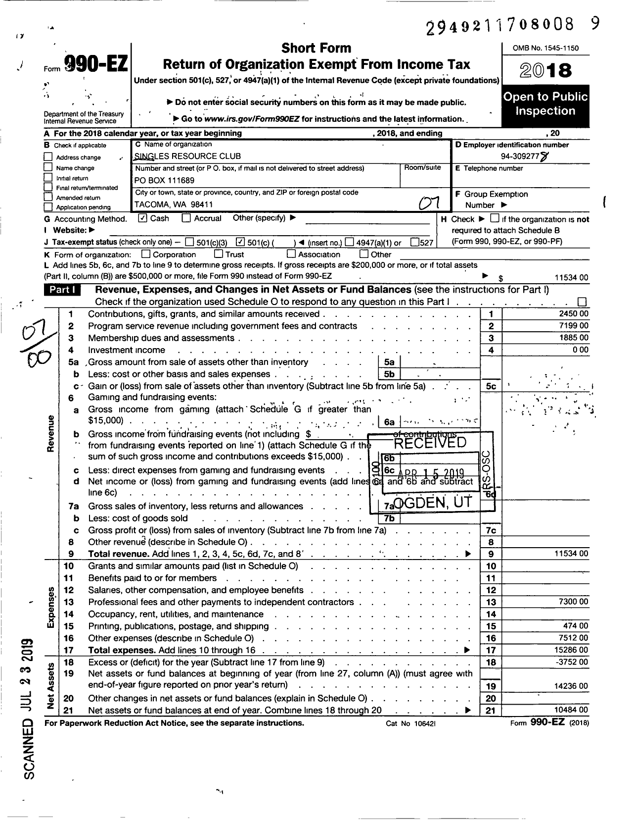 Image of first page of 2018 Form 990EO for Singles Resource Club