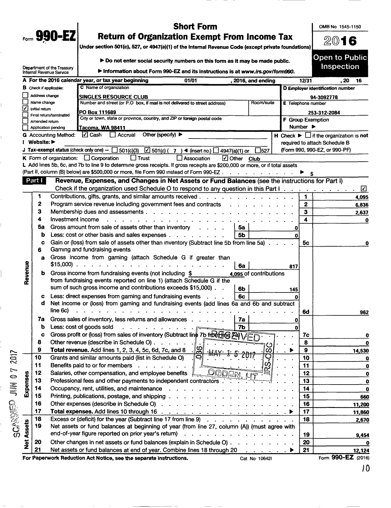 Image of first page of 2016 Form 990EO for Singles Resource Club