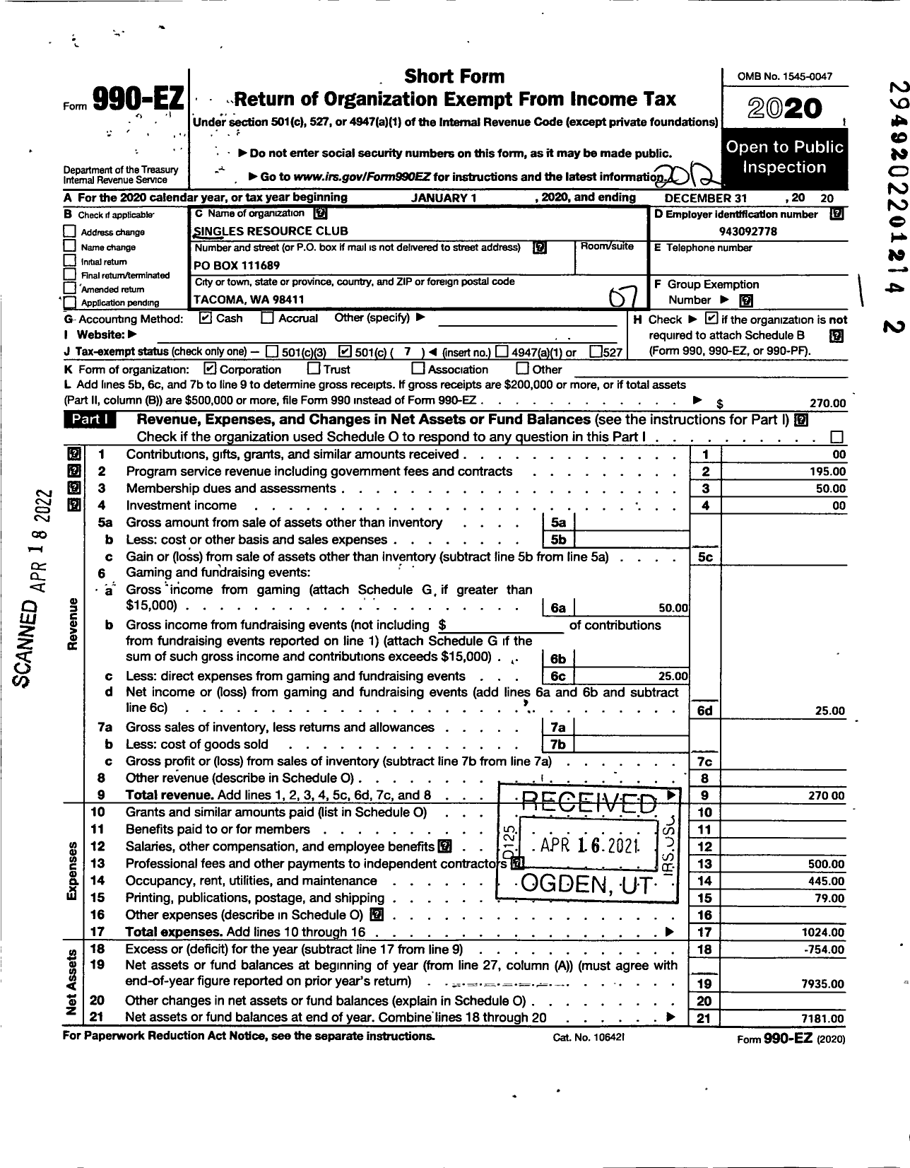 Image of first page of 2020 Form 990EO for Singles Resource Club