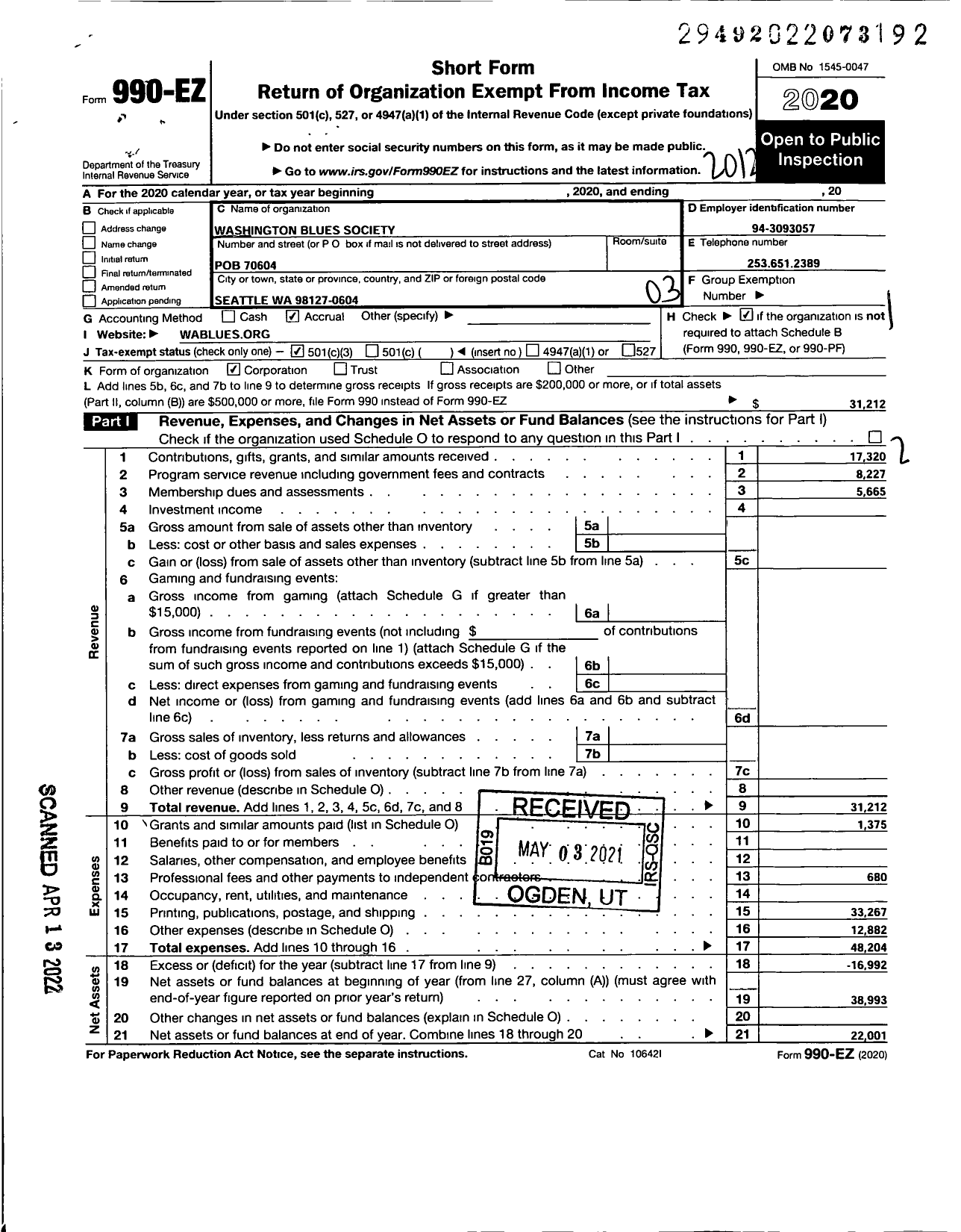 Image of first page of 2020 Form 990EZ for Washington Blues Society